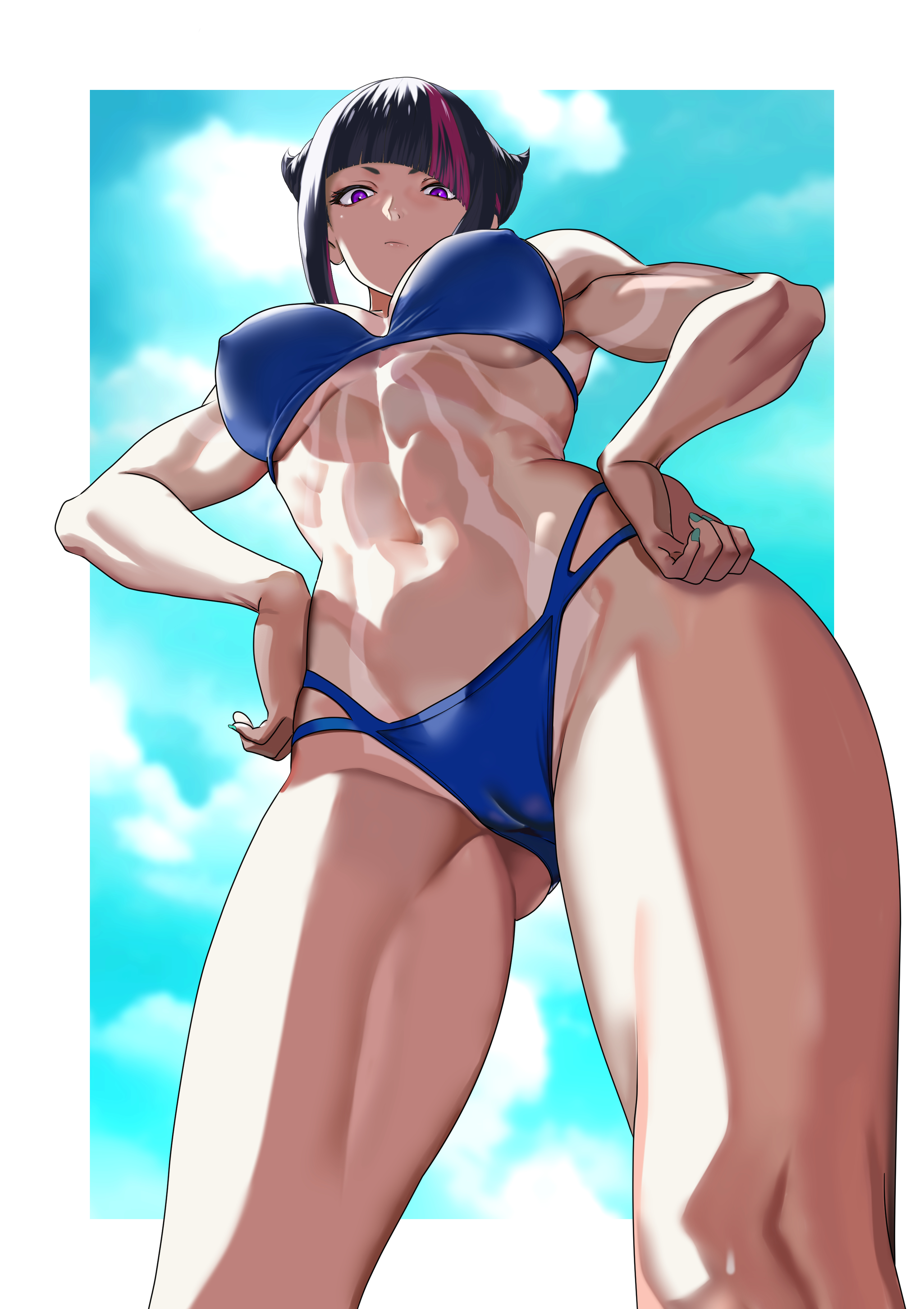 1girls, abs, ass visible through thighs, asymmetrical bangs, bangs, bikini, black hair, blue bikini, cameltoe, capcom, clouds, female, female only, hair horns, hands on hips, juri han, low-angle view, multi-strapped bikini, nipple bulge, pink eyes, pink hair, pussy, sidelocks, solo, streaked hair, street fighter, tanlines, toned, toned female, two-tone hair, white border, yagi (joe731842)