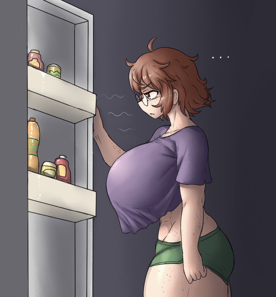 ... 1girls 2022 annoyed bare_arms breasts brown_eyes brown_hair clothing crop_top dark drink female female_only food freckles fridge glasses highres huge_breasts indoors matching_hair/eyes messy_hair midriff open_fridge open_mouth original original_character sheepapp short_shorts shorts side_view solo standing thick_thighs thighs