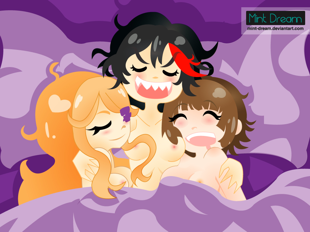 2d, 3girls, black hair, black-haired female, blonde hair, blonde-haired female, breasts, brown hair, brown-haired female, ecchi, female, female only, harime nui, kill la kill, mankanshoku mako, matoi ryuuko, mint dream, multiple females, multiple girls, nude, sleeping, studio trigger, yuri
