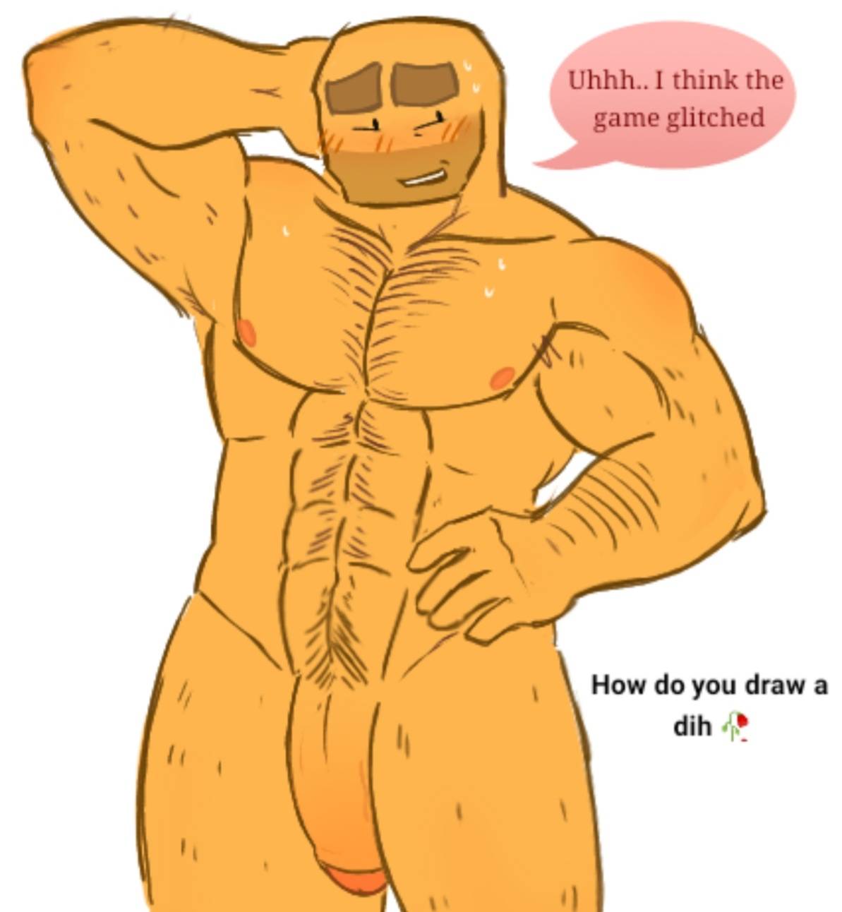 1boy, blush, embarrassed, embarrassed expression, embarrassed nude exposure, embarrassed nude male, english, english dialogue, english language, english text, evil spongebob2, gay, hairy, hairy male, male, minigunner (tds), naked, naked male, nude, nude male, penis, penis out, roblox, roblox game, robloxian, speech bubble, text, tower defense simulator