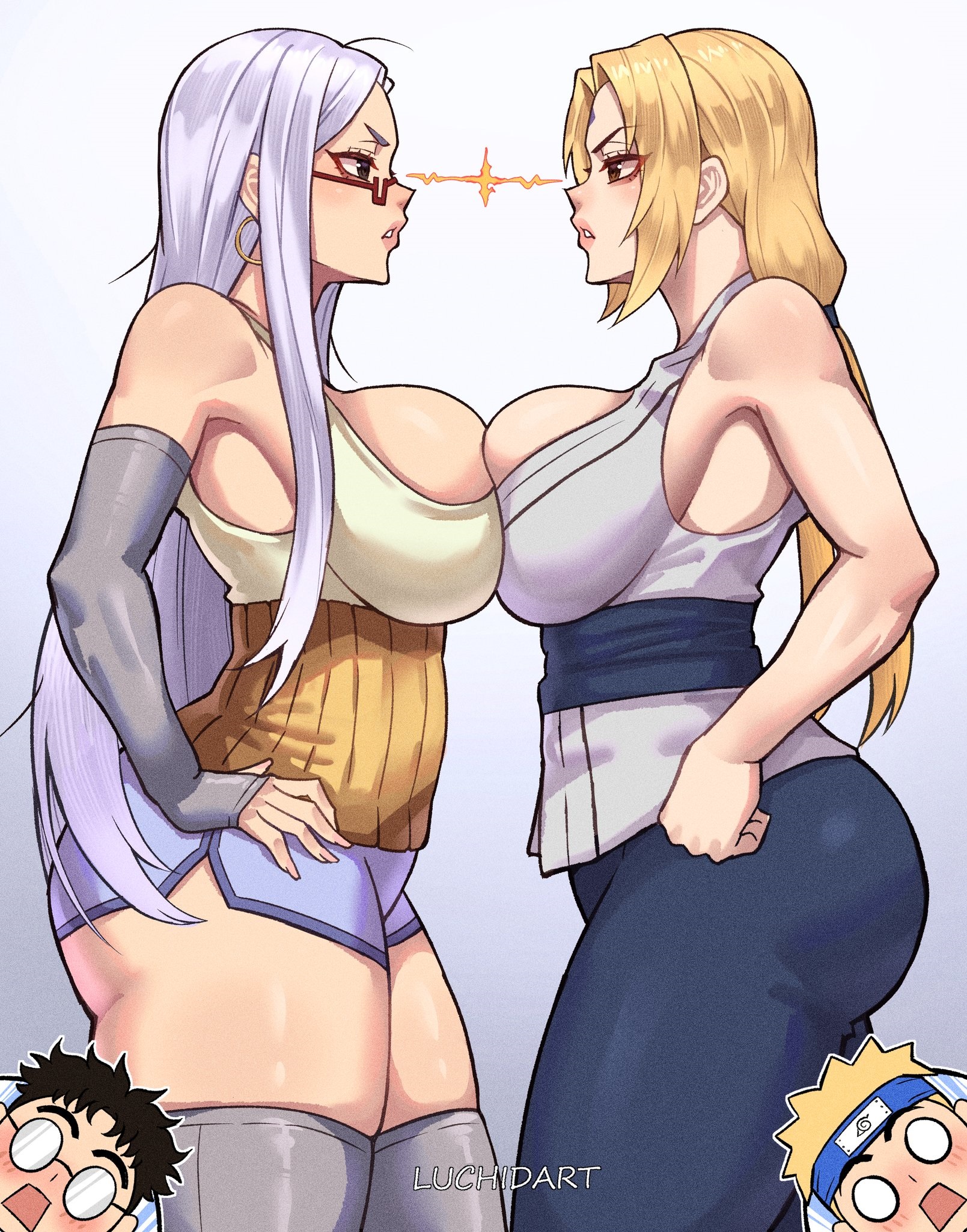 2boys, 2girls, alternate hairstyle, artist name, ayase seiko, bare shoulders, blonde hair, breast press, breasts, brown eyes, commentary, confrontation, crossover, dandadan, detached sleeves, dolphin shorts, earrings, english commentary, face-to-face, facial mark, female, forehead mark, glasses, gradient background, grey sleeves, grey thighhighs, hair down, hands on own hips, haramaki, highres, hoop earrings, jewelry, kimono, large breasts, lightning glare, long hair, looking at another, luchidart, male, mature female, multiple boys, multiple females, multiple girls, multiple males, naruto, naruto (classic), naruto (series), pants, parted bangs, parted lips, purple shorts, red-framed eyewear, semi-rimless eyewear, shirt, short shorts, shorts, sleeveless, sleeveless shirt, stare down, symmetrical docking, takakura ken (okarun), tank top, thick thighs, thighhighs, thighs, tsunade, uzumaki naruto, very long hair, white hair, white tank top