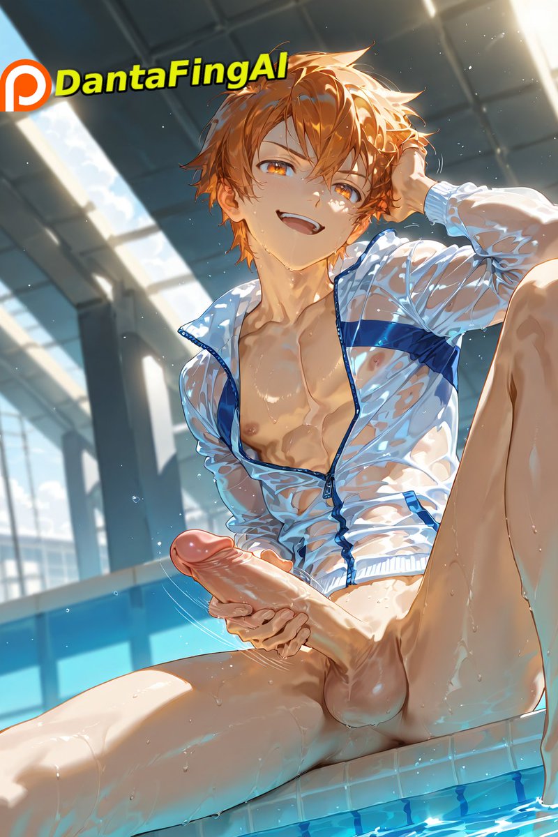 1boy, abs, ai generated, balls, big penis, boner, camp buddy, cock, dick, erect penis, erection, gay, hiro akiba, looking at viewer, male, male only, male solo, orange eyes, orange hair, outdoors, outside, penis, penis grab, pool, sitting, smile, smiling, smiling at viewer, solo, solo male, swimming pool, tagme, testicles, yaoi