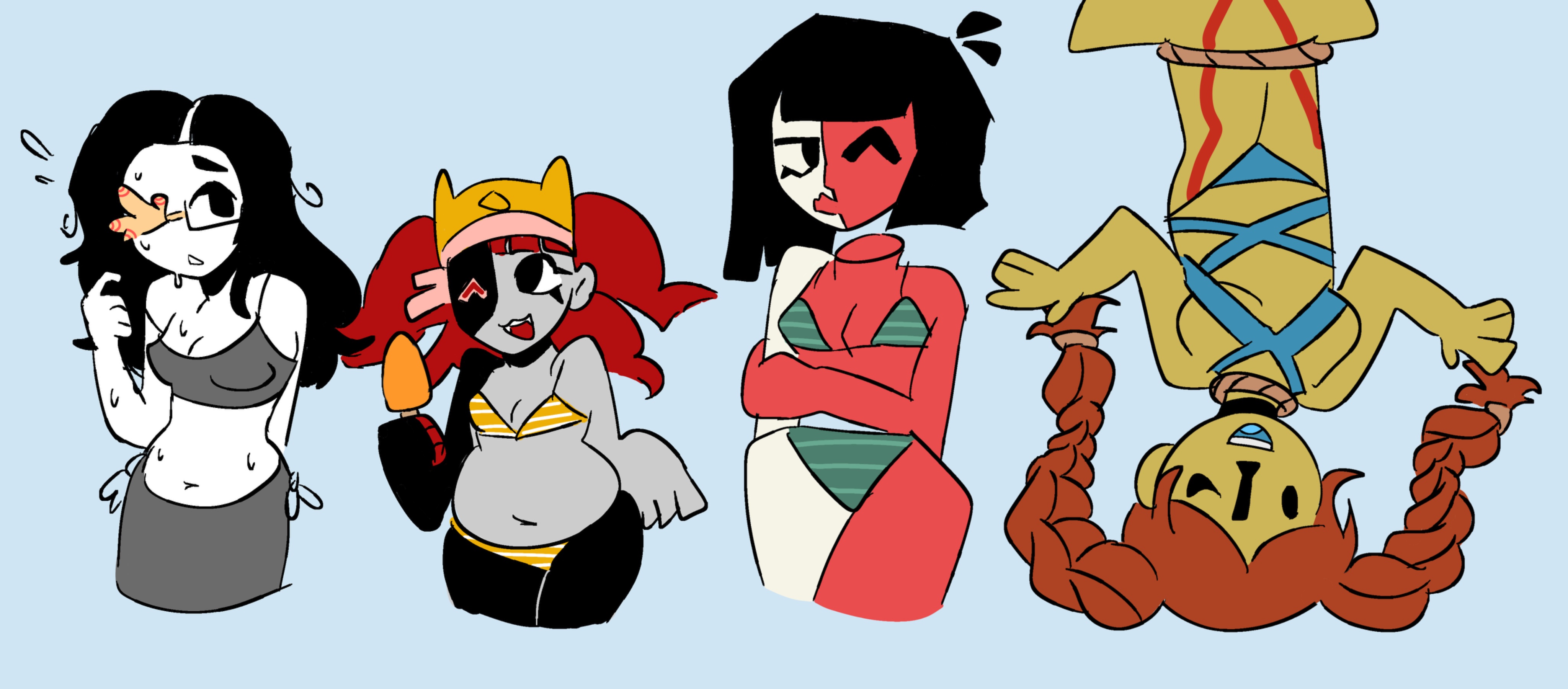 4girls, bikini, chubby, coral glasses, dream bbq, ena, ena (dream bbq), ena (series), female, female only, glasses, jellofishe, mitu (dream bbq), peruvian female, red hair, swimsuit, taski maiden (ena), two-tone body, upside-down