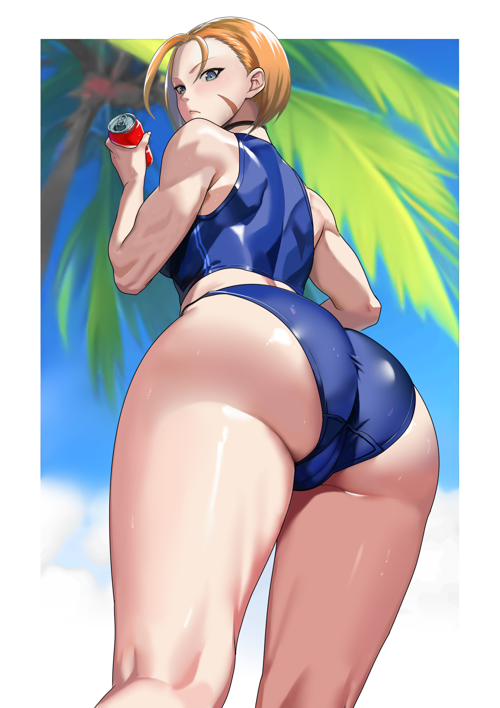 1girls, ass, ass focus, back muscles, back view, black choker, blonde hair, blue eyes, blue swimsuit, breasts, cameltoe, cammy white, capcom, choker, clothed, drink, facial scar, female, female only, holding object, holding soda, huge ass, kneepits, low-angle view, muscles, palm tree, plump labia, pussy, scar, serious look, shiny skin, short hair, sideboob, soda, soda can, solo, street fighter, street fighter 6, tight clothes, white border, yagi (joe731842)