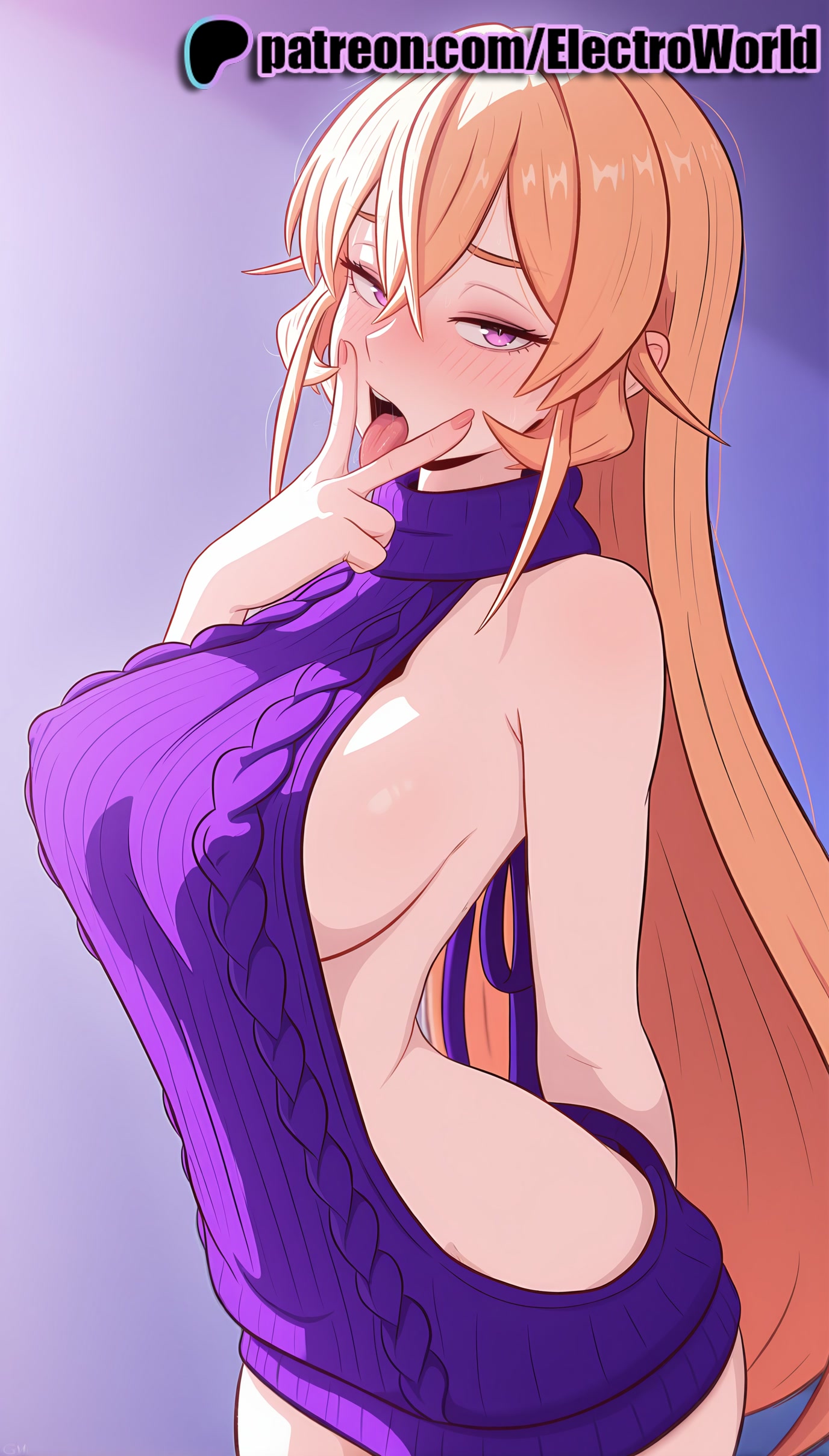 1girls, 2025, ai generated, aran sweater, artist name, bare back, bare shoulders, blonde hair, blush, breasts, bust, chest, cowboy shot, dress, electroworld, female, hi res, high quality, high resolution, highres, long hair, looking at viewer, meme attire, naked sweater, nakiri erina, patreon, patreon username, purple eyes, shokugeki no souma, solo, stable diffusion, sweater, virgin killer sweater, watermark