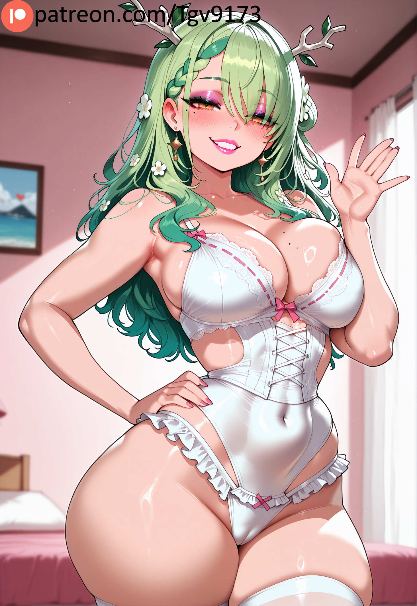 ai generated, antlers, bangs, bare shoulders, bed, bedroom, bimbo, bimbofication, blush, braid, branch, breasts, cameltoe, ceres fauna, cleavage, collarbone, covered navel, cowboy shot, earrings, female, flower, frills, green hair, grin, hair flower, hair ornament, hand on hip, hand up, hololive, hololive english, hololive english -council-, hololive english -promise-, indoors, jewelry, large breasts, leotard, lingerie, lipstick, long hair, looking at viewer, makeup, mole, mole on breast, mole under eye, nail polish, on bed, parted lips, pussy, seductive smile, skindentation, smile, solo, teeth, tgv9173, thick thighs, thighhighs, thighs, underwear, virtual youtuber, wavy hair, white thighhighs, yellow eyes