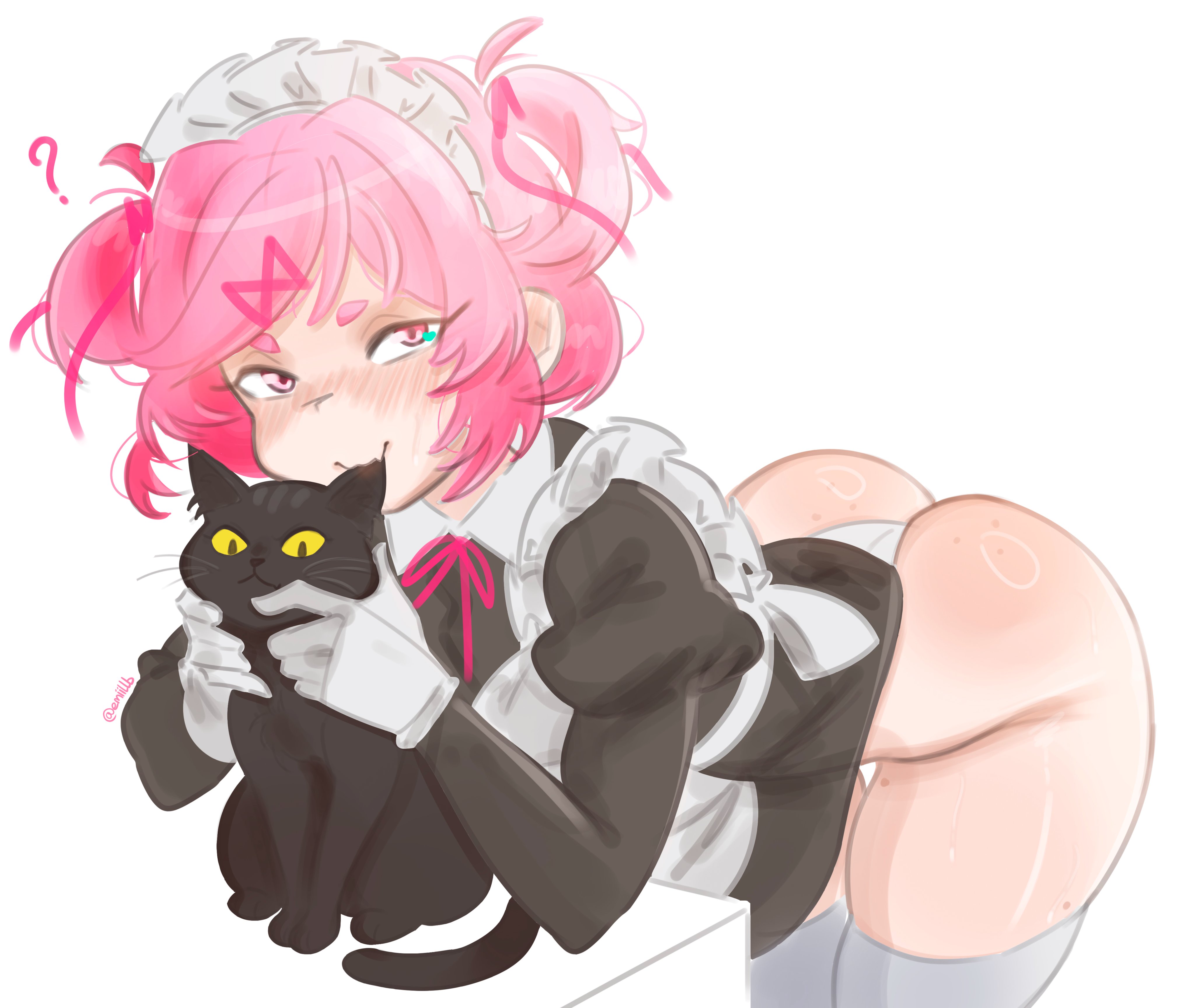 1girls, ass, black cat, blush, cat, doki doki literature club, emiillb, feline, female, maid, maid headdress, maid uniform, natsuki (doki doki literature club), panties, pink hair, thick thighs, white panties