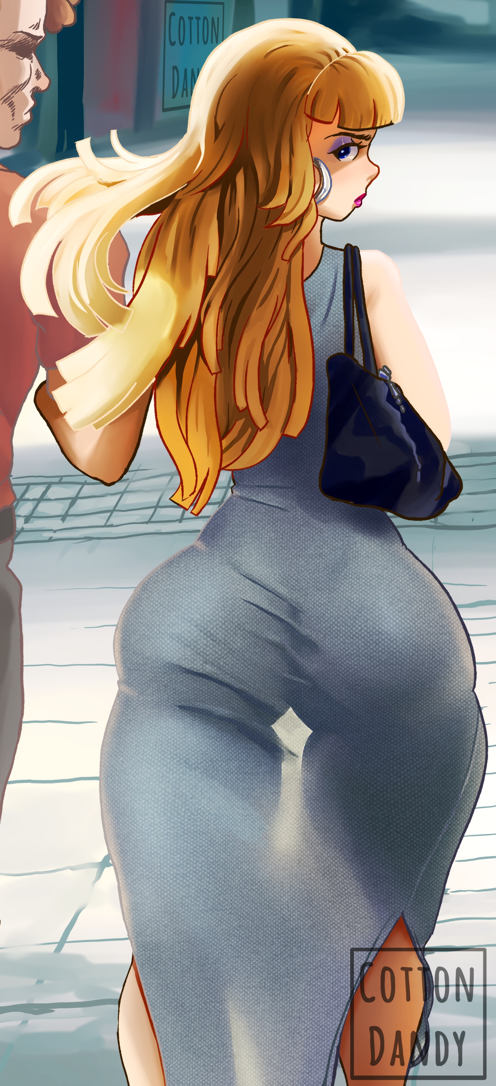 1boy, 1girls, annoyed, annoyed expression, annoyed face, ass, ass focus, back, back view, big ass, blonde female, blonde hair, blue eyes, cottondandy, couple, digital drawing (artwork), digital media (artwork), dipper pines, disney, disney channel, eye shadow, female, female focus, flowing hair, fully clothed, gravity falls, grey dress, hips, hips wider than shoulders, jewelry, legs, lipstick, long dress, looking at viewer, looking back, makeup, male, no sex, pacifica northwest, pear shaped, public, see-through, see-through clothing, self upload, side view, signature, signed, silhouette, thick thighs, thighs, tight clothing, tight dress, voyeur, walking, white skin, wide hips, younger female