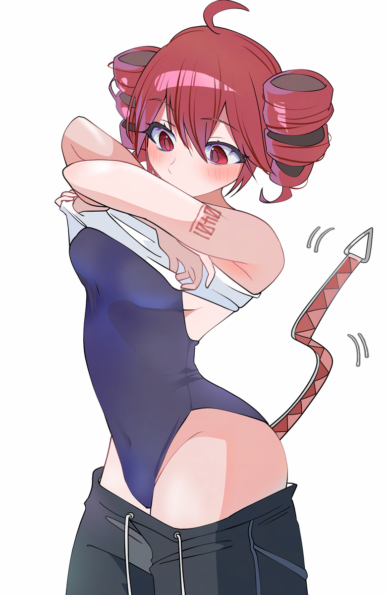 1girls, ahoge, arm tattoo, blush, breasts, clothing, competition swimsuit, curvy, curvy female, curvy figure, female, female only, ichill okuzaki, kasane teto, medium breasts, navel, navel visible through clothes, red eyes, red hair, slim female, slim waist, solo, solo female, swimsuit, tail, tattoo, thick thighs, thighs, tight clothing, twin drills, undressing, utau, white background, wide hips