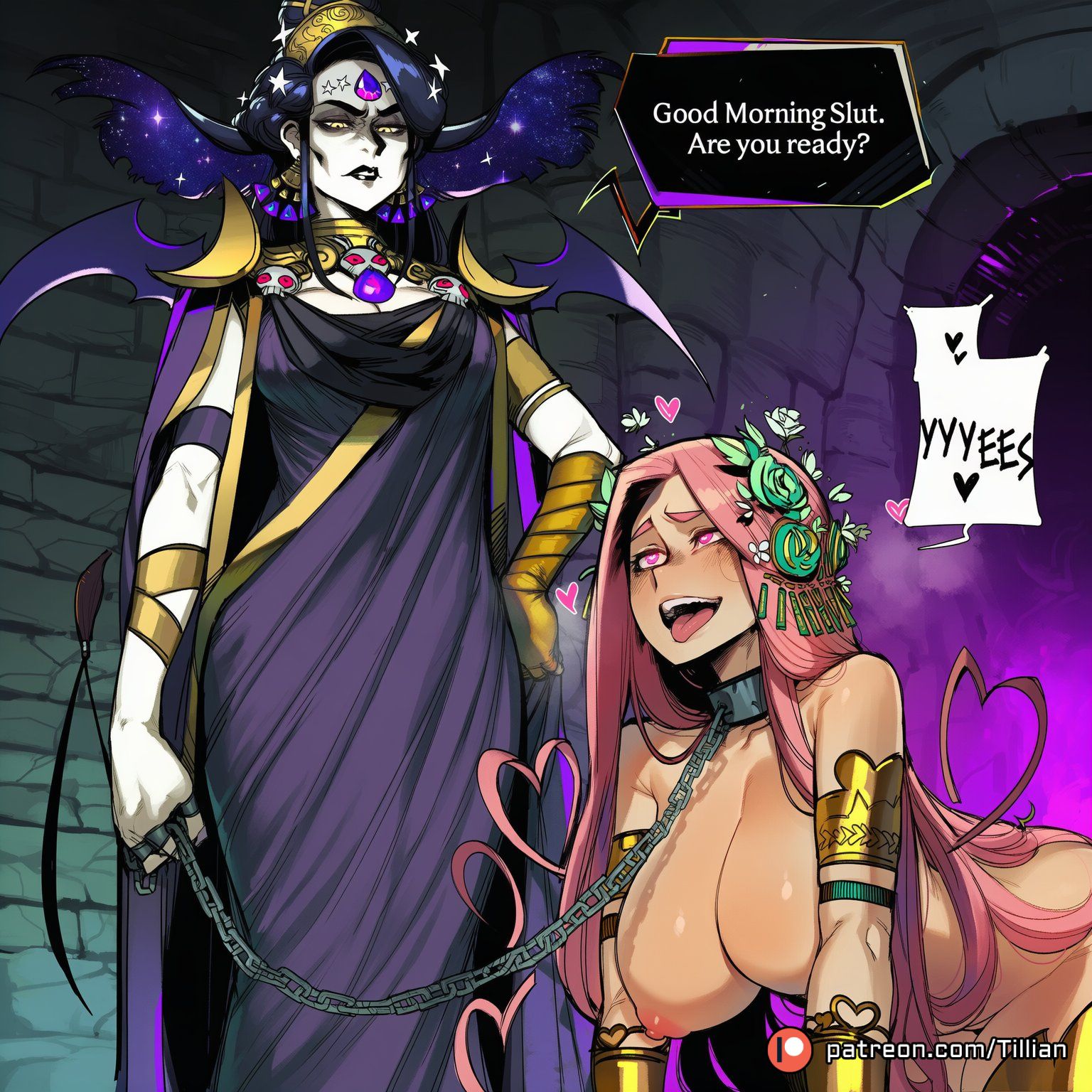 1futa, 1girls, ahe gao, ai generated, all fours, ancient greek clothes, anger vein, aphrodite, aphrodite (hades), armlet, black hair, black lips, blush, bondage, bracer, breasts, chain leash, chained, chains, cleavage, clothed female nude female, collar, colored skin, dress, earrings, english text, female, femdom, flower, forehead jewel, futa on female, futanari, greco-roman clothes, grey skin, hades (game), hades 2, hair flower, hair ornament, heart, heart-shaped pupils, intersex, jewelry, large breasts, laurel crown, leash, lipstick, long hair, makeup, masochism, mature female, metal collar, multiple females, multiple girls, nipples, nude, nyx (hades), open mouth, pale skin, patreon logo, patreon username, pet play, pink eyes, pink hair, profanity, rolling eyes, smile, speech bubble, symbol-shaped pupils, tail, teeth, tillian, tongue, tongue out, web address, wings, yellow eyes