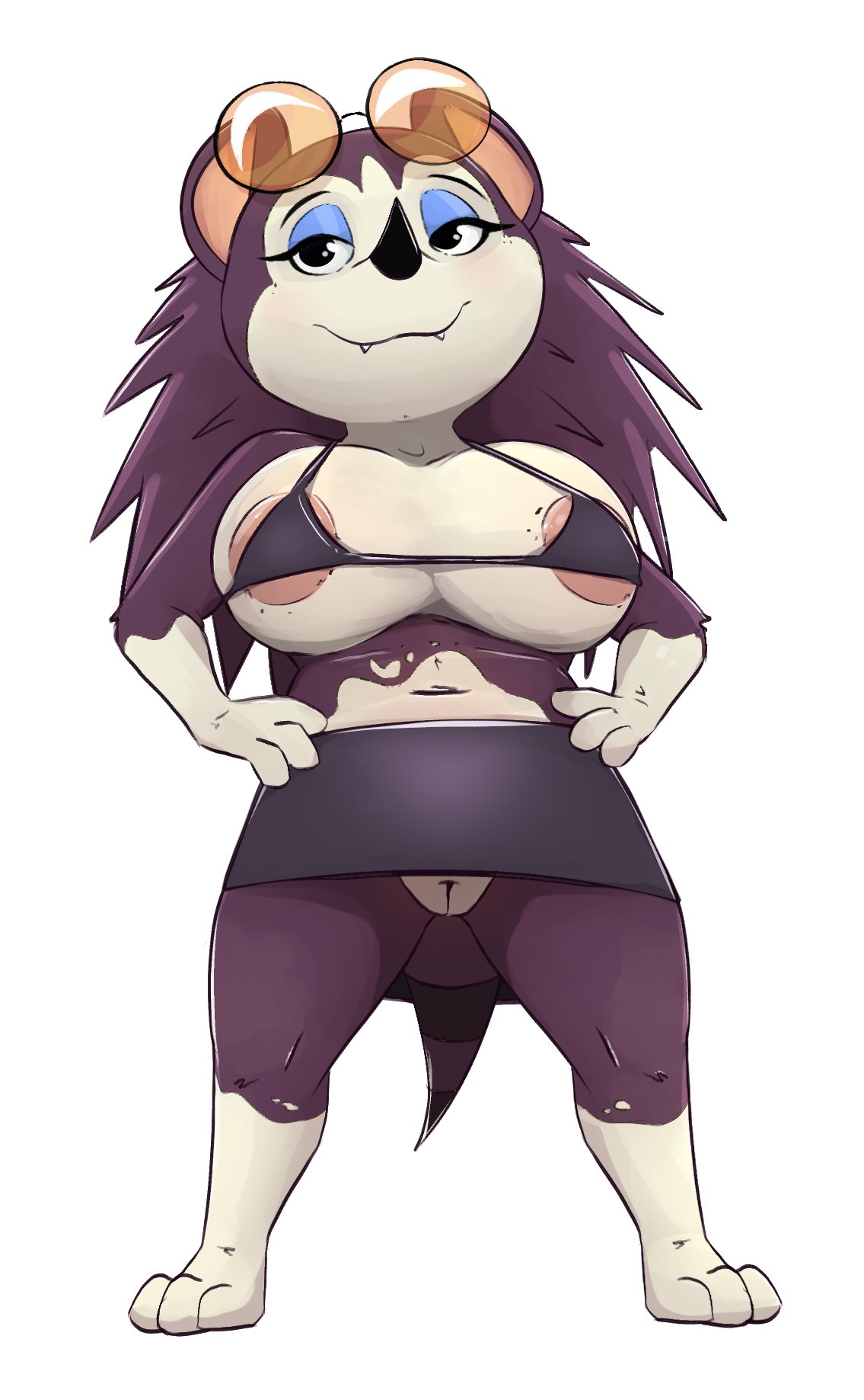 2022 animal_crossing anthro areola areola_slip barefoot big_breasts bikini bikini_top breasts clothed clothing cute_fangs eulipotyphlan eyeshadow eyewear eyewear_on_head feet female front_view full-length_portrait fur furry furry_only genitals half-closed_eyes hands_on_hips hedgehog hi_res honeymono labelle_able makeup mammal narrowed_eyes nintendo no_underwear portrait pussy smile solo standing sunglasses sunglasses_on_head swimwear tail upskirt video_games wide_hips