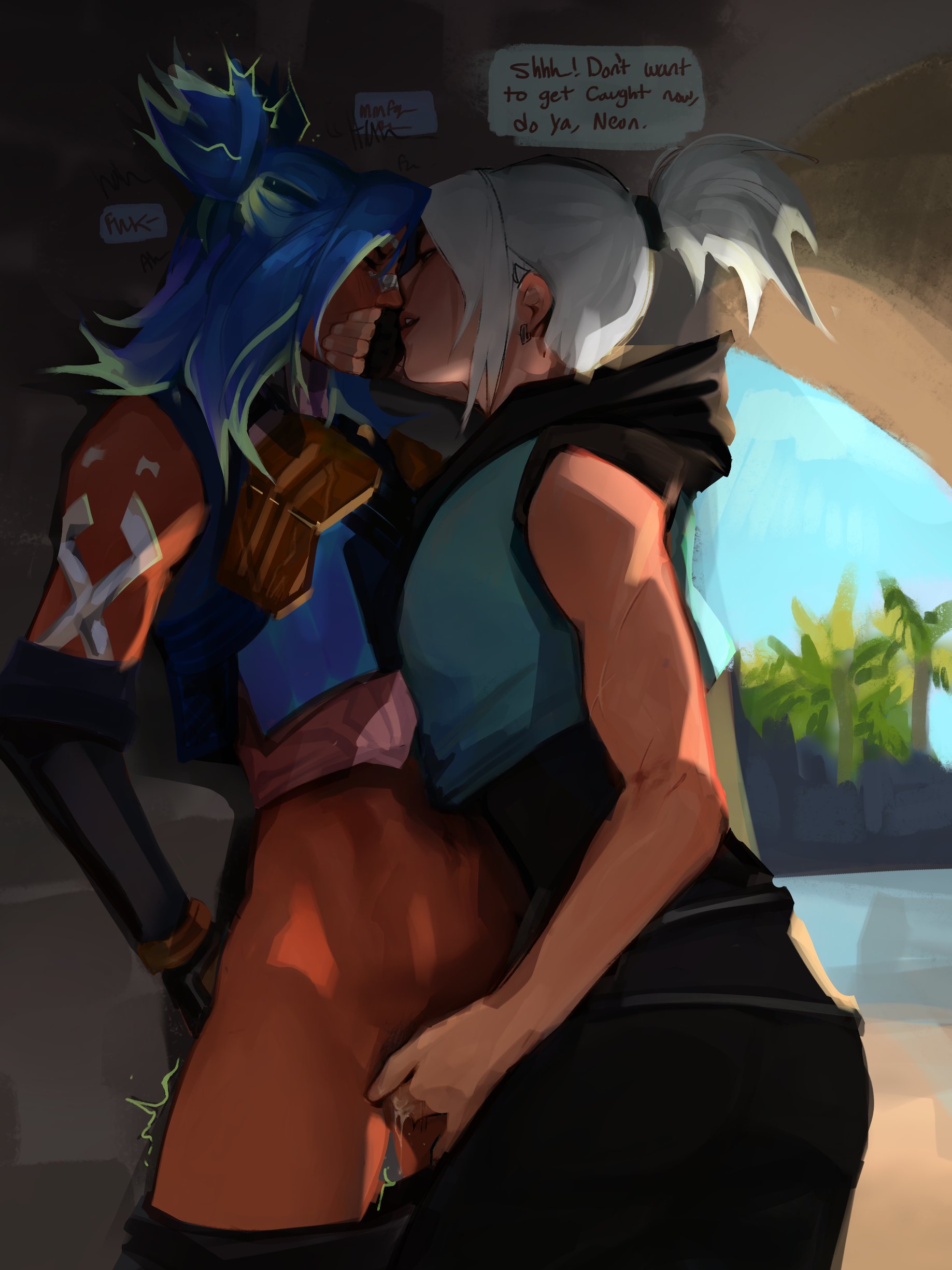 2girls, blue eyes, blue hair, covering another's mouth, dominant, dominant female, domination, female, femdom, fingering, fingering partner, jett (valorant), lesbian, lesbian couple, lesbian domination, lesbian focus, lesbian sex, lesbians, neon (valorant), pussy, pussy juice, riot games, speech bubble, standing, standing sex, sweetgrape16, tattoed arm, teasing, valorant, wet, wet pussy, white hair, yuri