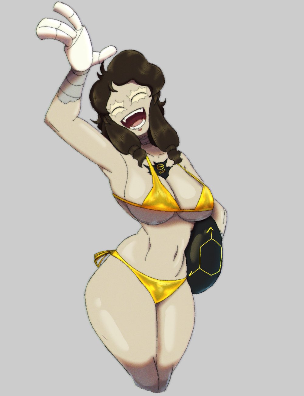 1girls, abrahamslapper, big breasts, bikini, breasts, cyn (murder drones), cyntessa (murder drones), female, female focus, female only, glitch productions, golden bikini, murder drones, nightmare waifu, pool float, robot, robot girl, robot humanoid, skinsuit, swimsuit, thick thighs, twintails, twintails (hairstyle), two-piece swimsuit, wide hips