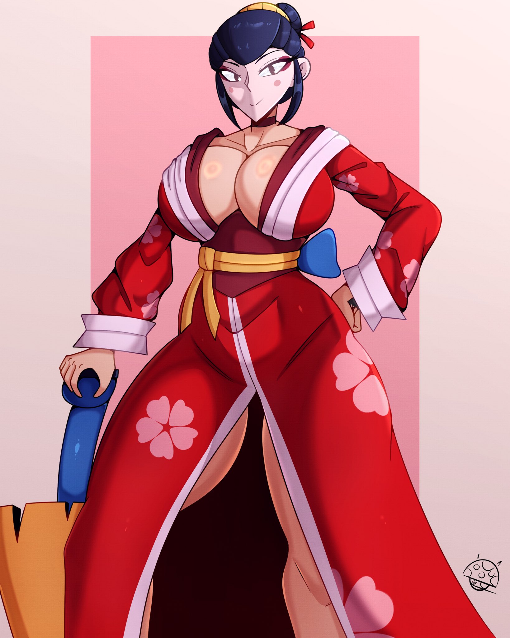 asian clothing, brawl stars, breasts, cleavage, cleavage overflow, clothed female, clothing, face paint, female, kasa-obake piper, kimono, large breasts, light skin, light-skinned female, looking at viewer, piper (brawl stars), supercell, thick thighs, tr yithaz