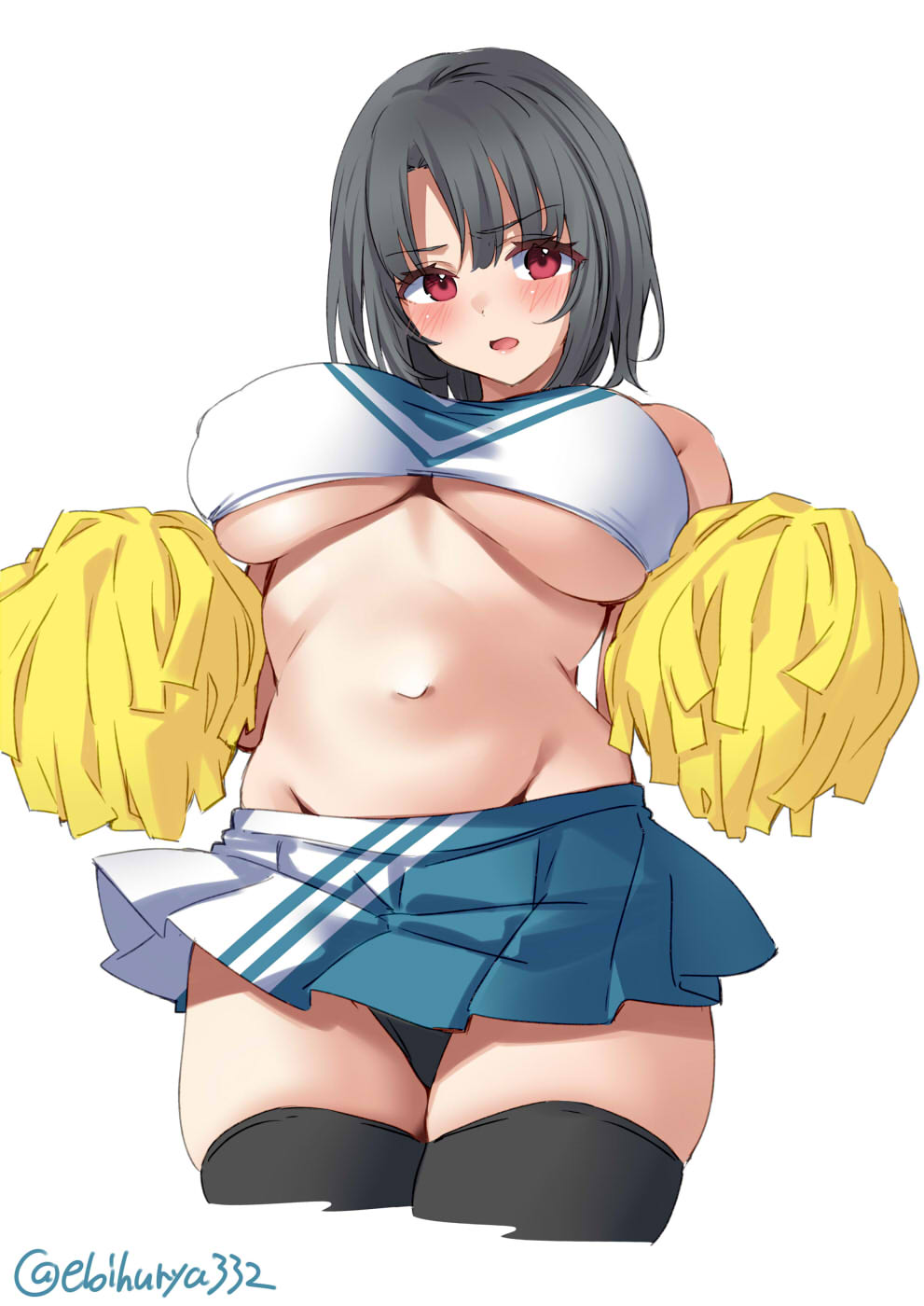 alternate costume, armpits, black hair, black legwear, black panties, blush, breasts, cheerleader, cowboy shot, crop top, ebifurya, eyebrows visible through hair, female, hair between eyes, highres, holding, holding pom poms, kantai collection, large breasts, looking at viewer, midriff, miniskirt, navel, open mouth, panties, pleated skirt, pom pom (cheerleading), red eyes, shirt, short hair, simple background, skirt, sleeveless, sleeveless shirt, smile, solo, takao (kantai collection), thighhighs, twitter username, underboob, underwear, white background