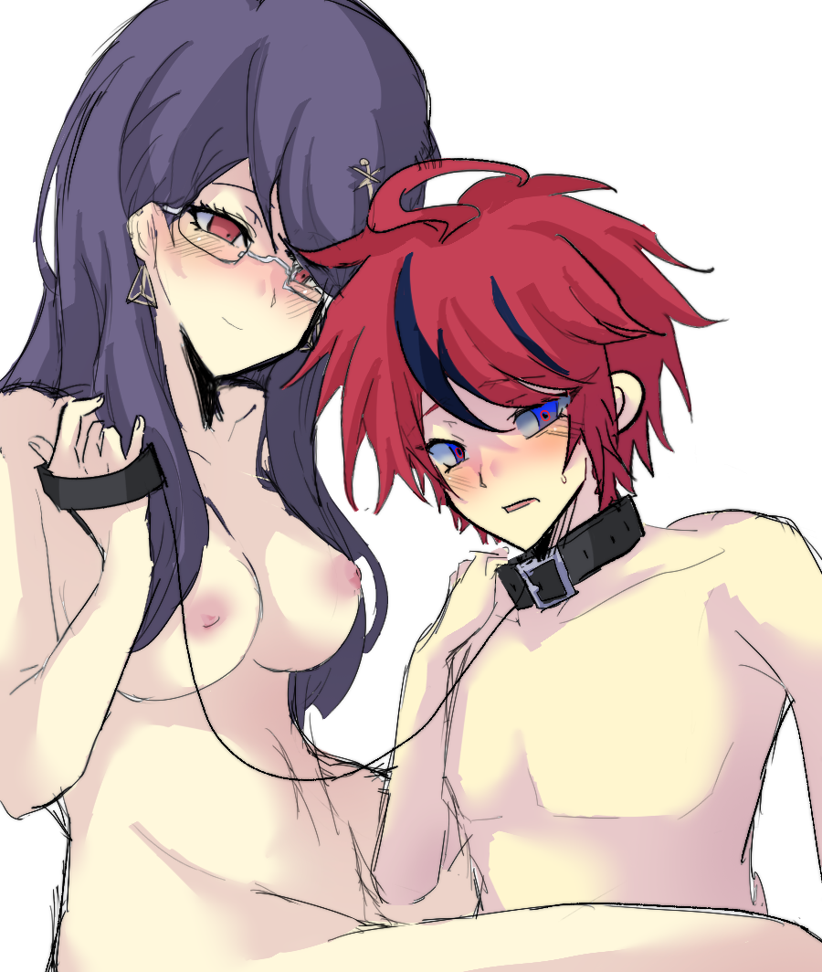 1boy, ahoge, black hair, blue eyes, blush, breasts, collar, collarbone, female, femdom, fingernails, glasses, hiruko shizuhara, leash, looking at another, male, medium breasts, messy hair, mmmiottt, multicolored eyes, multicolored hair, nipples, nude, open mouth, purple hair, red eyes, red hair, shizuhara hiruko, simple background, smile, sumino takumi, takumi sumino, the hundred line -last defense academy-, topless female, topless male, white background
