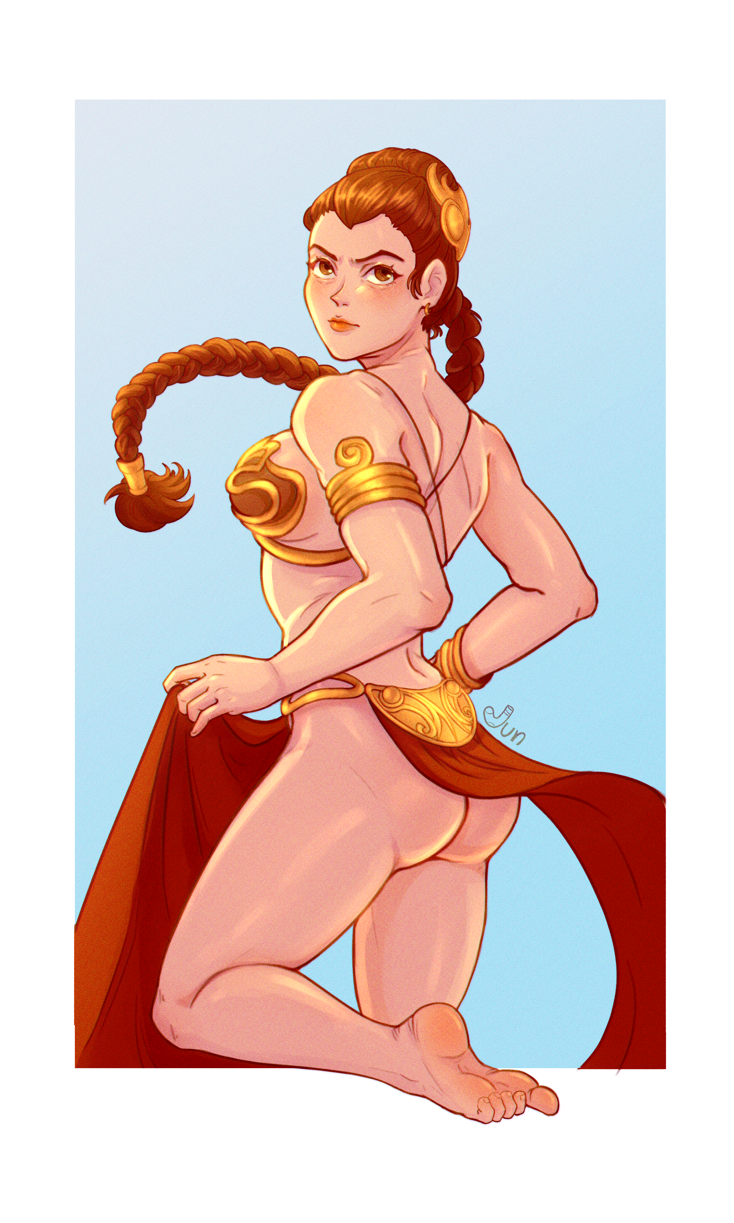 ass, belly dancer, belly dancer outfit, braided hair, breasts, brown eyes, brown hair, dancing, enslaved royal, female, female only, harem girl, harem outfit, junssockdrawer, large breasts, loincloth, long hair, princess leia organa, slave, slave bikini, slave collar, slave girl, slave leia, slave outfit, star wars