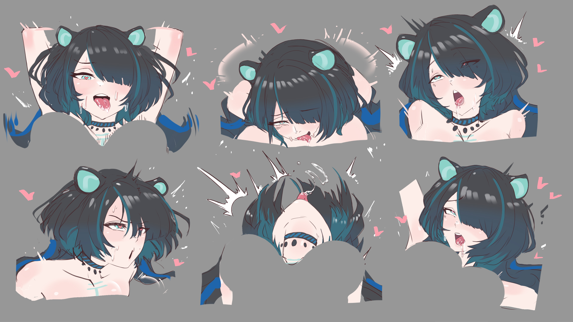 1girls, black hair, blue eyes, erina makina, facial expressions, female, female only, heart-shaped pupils, heiz illust, implied sex, light skin, light-skinned female, open mouth, phase alias, phase connect, solo, symbol-shaped pupils, tiger ears, tiger girl, tongue, tongue out, torogao, virtual youtuber