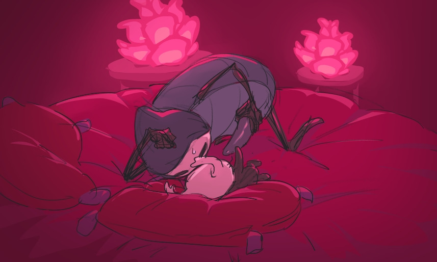 anthro, arthropod, duo, gay, gay male, genitals, hi res, hollow knight, male, male penetrated, male penetrating, male penetrating male, male/male, penetration, penis, protagonist (hollow knight), quirrel, sex, size difference, team cherry, text, the knight (hollow knight), vessel (species), waddehe, yaoi