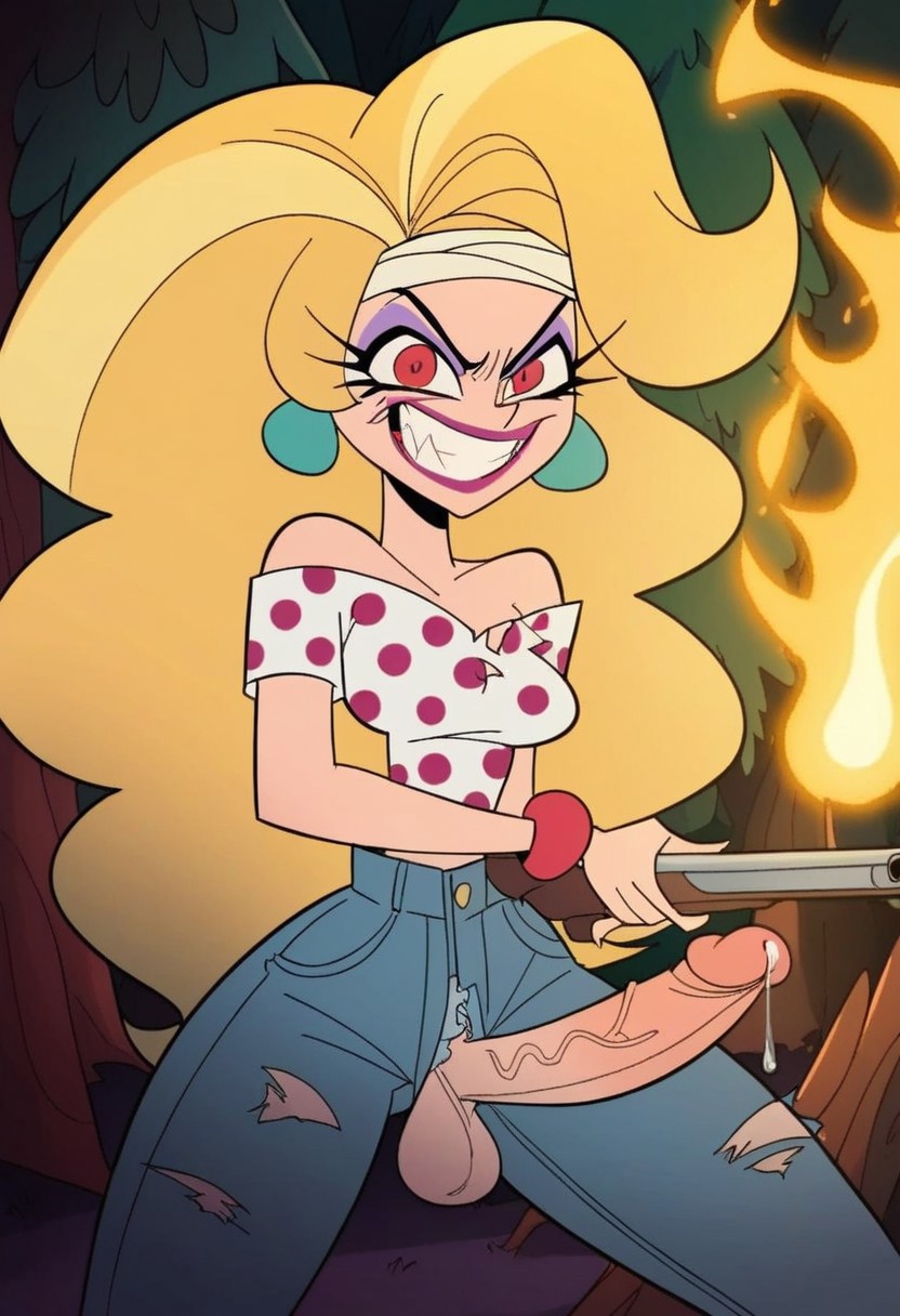 1futa ai_generated balls big_penis blonde_hair clothed crazy_eyes evil_grin fire futanari gun helluva_boss jeans long_hair looking_at_viewer martha_(helluva_boss) penis penis_out precum rifle solo solo_futa testicles veiny_penis vivienne_medrano vivziepop