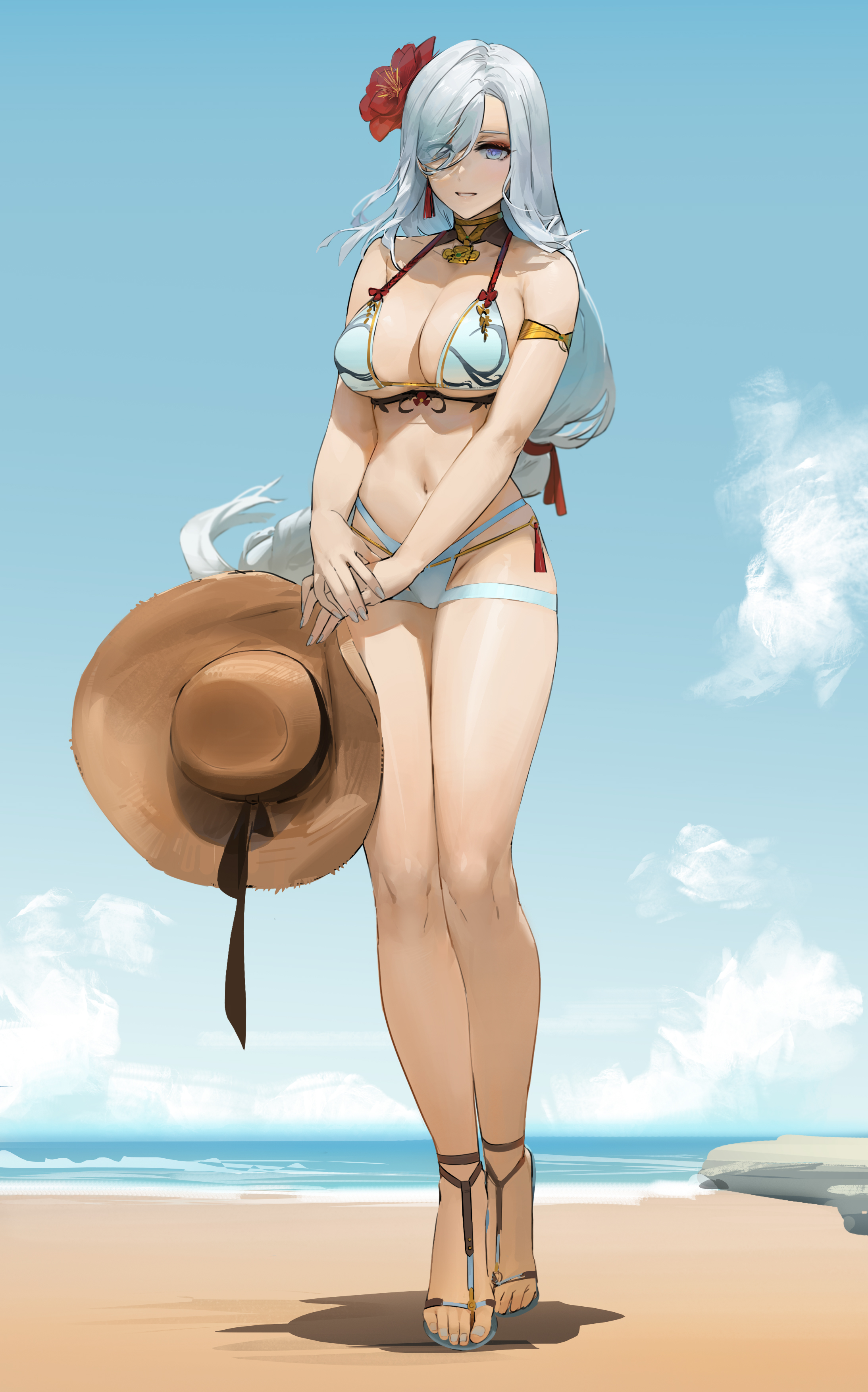 1girls, 2022, absurd res, armband, bare legs, beach, bikini, blue eyes, breasts, cleavage, cloud, doksyuri, earrings, eyebrows visible through hair, eyes visible through hair, feet, female, female only, flower, full body, genshin impact, hair flower, hair over one eye, hat, hat removed, high heels, highres, holding hat, jewelry, large breasts, long hair, long legs, looking at viewer, low-tied long hair, nail polish, navel, ocean, outdoors, red flower, rock, sand, shadow, shenhe (genshin impact), silver hair, sky, smile, solo, standing, sun hat, swimsuit, teeth, thighs, tied hair, toeless footwear, toenail polish, toes, v arms, very long hair, water, white bikini, white nails, white toenails