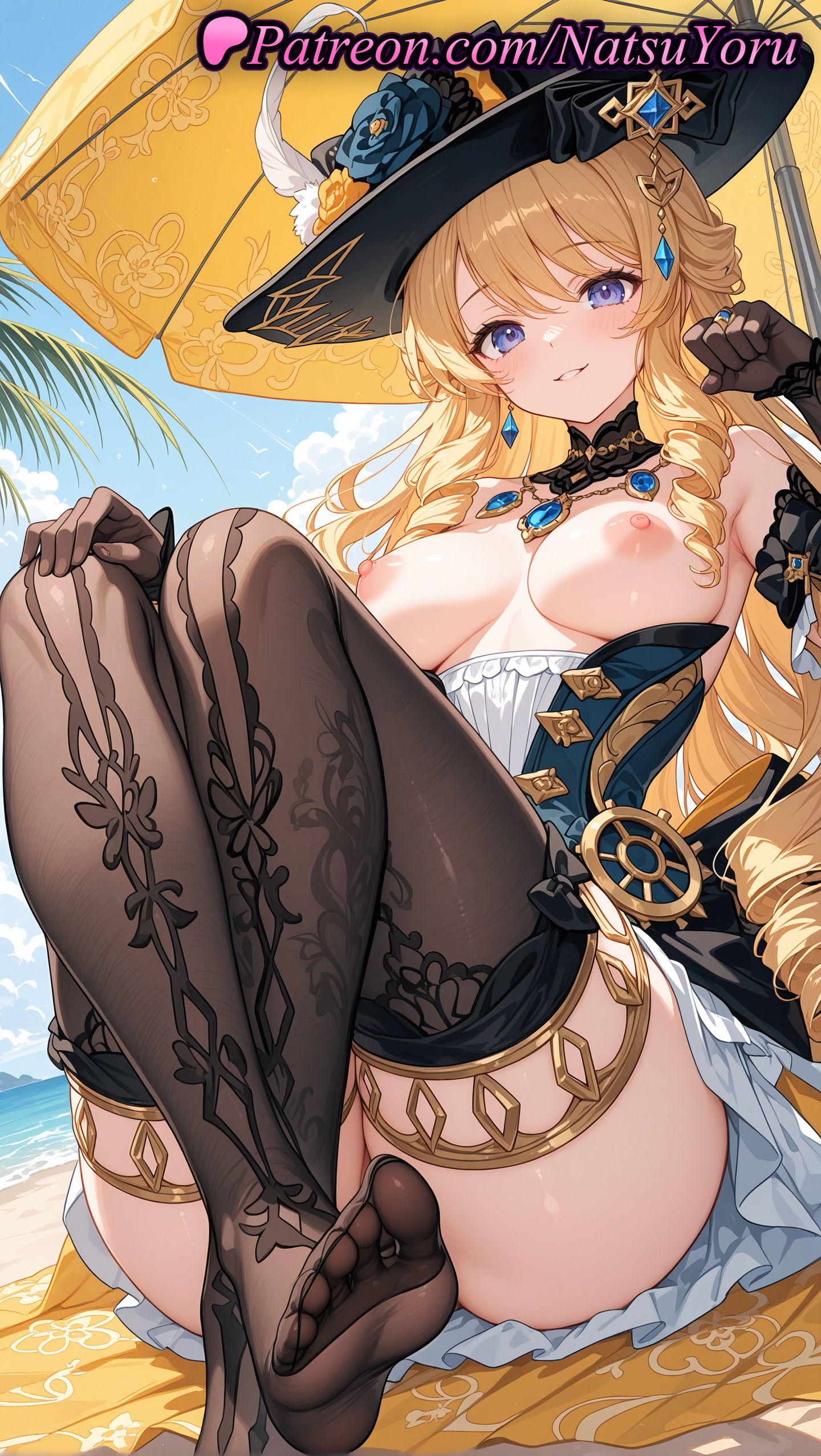 1girls, 2025, ai assisted, ai generated, anime, anime style, bare shoulders, beach, black gloves, black headwear, black rose, blonde hair, blue eyes, breasts, dress, drill hair, drill sidelocks, feet, female, genshin impact, gloves, hat, hat flower, hi res, high quality, high resolution, highres, hoyoverse, jewelry, large breasts, long hair, looking at viewer, mihoyo, mihoyo technology (shanghai) co. ltd., natsuyoru, navia (genshin impact), nipples, no shoes, outdoors, patreon, pussy, sitting, smile, solo, stable diffusion, thighhighs, thighs, toes, umbrella, voluptuous, voluptuous female, yellow rose