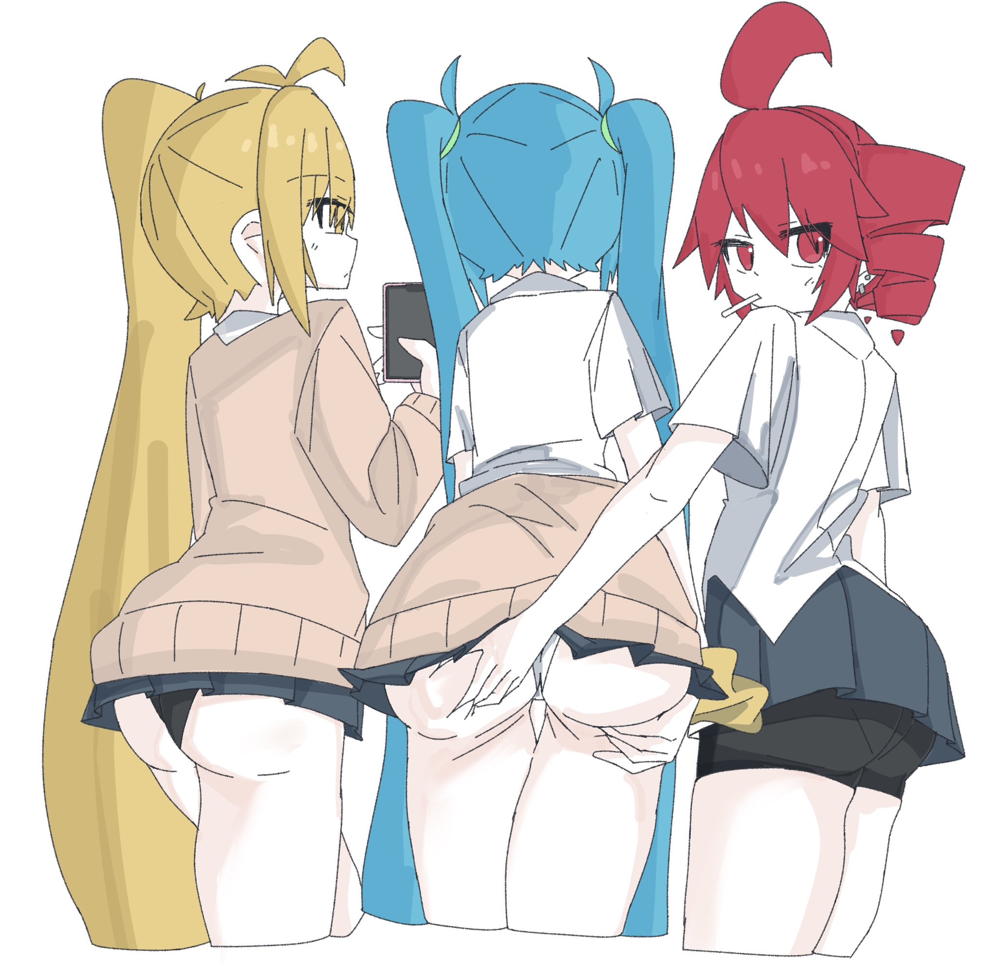 2025, 2d, 2d (artwork), 3girls, ahoge, akita neru, ass, ass grab, bike shorts, black panties, black underwear, blonde female, blonde hair, blue eyes, blue hair, bracelet, cellphone, chimera, crypton future media, drill hair, earrings, facing back, fanloid, fat ass, fat butt, female, from behind, grabbing another's ass, grabbing ass, grabbing from behind, grabbing own ass, hatsune miku, holding, holding object, holding phone, jacket around waist, kasane teto, lollipop, long hair, long ponytail, long twintails, looking at viewer, looking back, miniskirt, mobile phone, multiple girls, no jacket, panties, phone, pleated skirt, ponytail (hair), ponytail female, red eyes, red hair, school uniform, schoolgirl uniform, shirt, short sleeves, shorts, showing butt, simple background, skirt, skirt lift, smartphone, spats, squeezing butt, t2e1o1 (artist), triple baka (vocaloid), twin drills, twintails, unaware, unaware exhibitionist, underwear, utau, utauloid, very long hair, visible underwear, vocaloid, white background, white shirt, white underwear, yellow eyes, yellow hair ribbon, zaako (vocaloid)