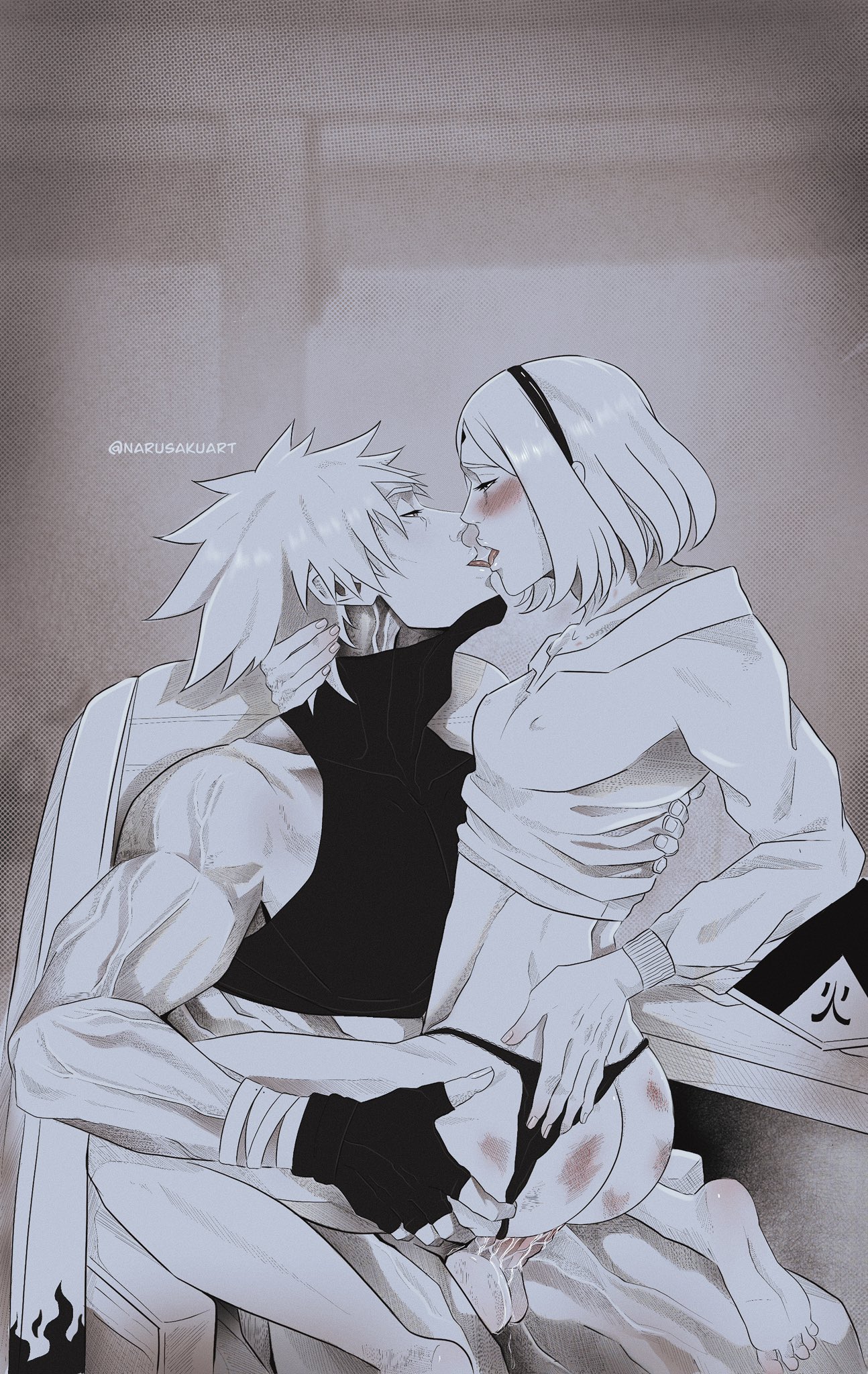 1boy, 1girls, adult, adult and teenager, age difference, ass, ass grab, chair, clothing, cowgirl position, female, from behind, fully clothed, grey hair, hatake kakashi, hokage hat, hokage office, kissing, long hair, male, monochrome, narusakuart, naruto, naruto (series), naruto shippuden, naruto: the last, office chair, older female, panties, panties aside, penetration, pink hair, sakura haruno, sex, sitting, sitting on chair, sitting on lap, sitting on person, stealth sex, straddling, straight, sweater, teacher and student, teenager, tongue, tongue kiss, tongue out, unmasked, younger female