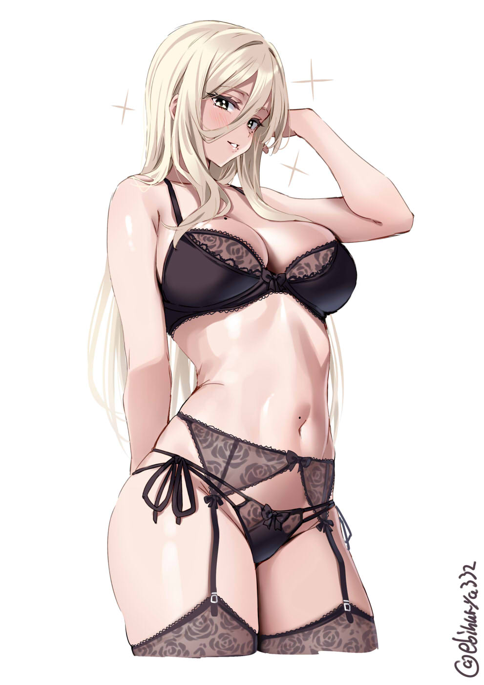 1girls, black bra, black panties, blonde female, blonde hair, blue eyes, bra, ebifurya, female, garter belt, garter straps, kantai collection, lingerie, panties, richelieu (kantai collection)