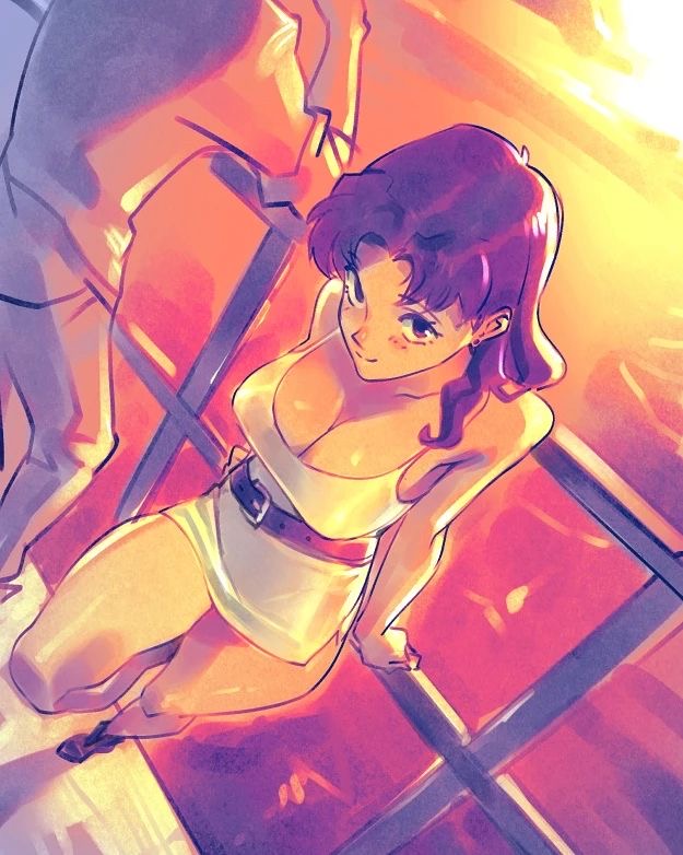 1girls, belt, belt buckle, blush, blush lines, breasts, cleavage, clothing, dress, female, large breasts, long hair, medium hair, misato katsuragi, neon genesis evangelion, one leg up, optionaltypo, purple hair, seductive look, seductive smile, sun, sunset, thick thighs