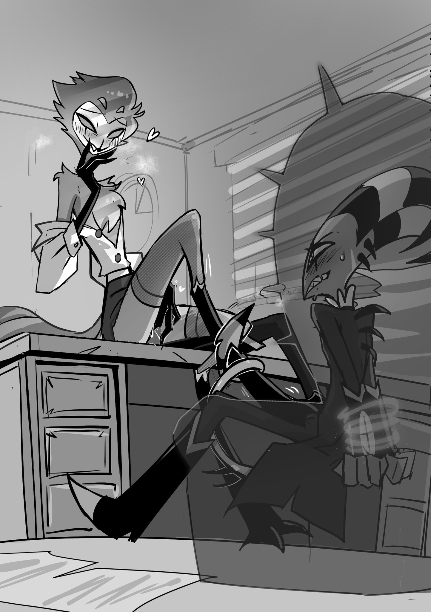 avian, bird feet, blitzo (helluva boss), cloaca, cloacal, cloacal fingering, clothed, clothing, demon, feet, foot on crotch, footjob, greyscale, helluva boss, male, male only, male/male, masturbation, restrained, stolas (helluva boss), takkohappaken, teasing