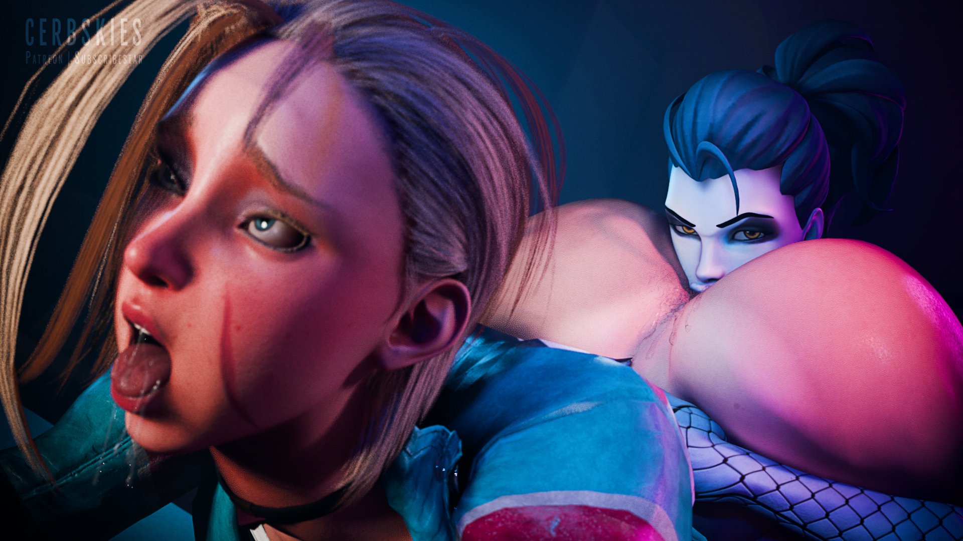 2girls, 3d, ahe gao, ass, blizzard entertainment, blonde hair, cammy white, capcom, cerbskies, crossover, eating ass, female, female only, hairy anus, huge ass, male, overwatch, penis, rimming, rimming female, street fighter, wanting cock, widowmaker, yuri