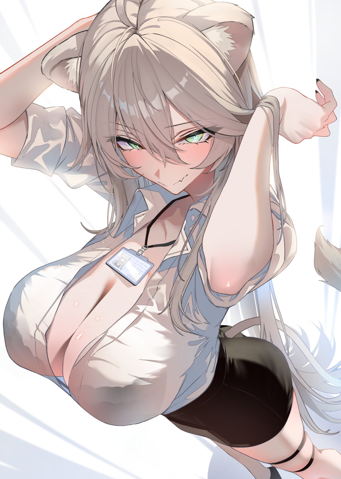 ahoge, alternate costume, animal ear fluff, animal ears, arms up, black nails, black skirt, breasts, cleavage, collared shirt, commentary request, female, fingernails, foreshortening, from above, green eyes, grey hair, hair between eyes, highres, hololive, hololive gen 5, hololive japan, id card, lanyard, large breasts, light blush, light smile, lion ears, lion girl, lion tail, long hair, looking at viewer, miniskirt, oerba yun fang, office lady, omoti (1201208), partially unbuttoned, pencil skirt, shirt, shirt tucked in, shishiro botan, skin fang, skirt, sleeve rolled up, solo, tail, thigh strap, very long hair, virtual youtuber, white shirt