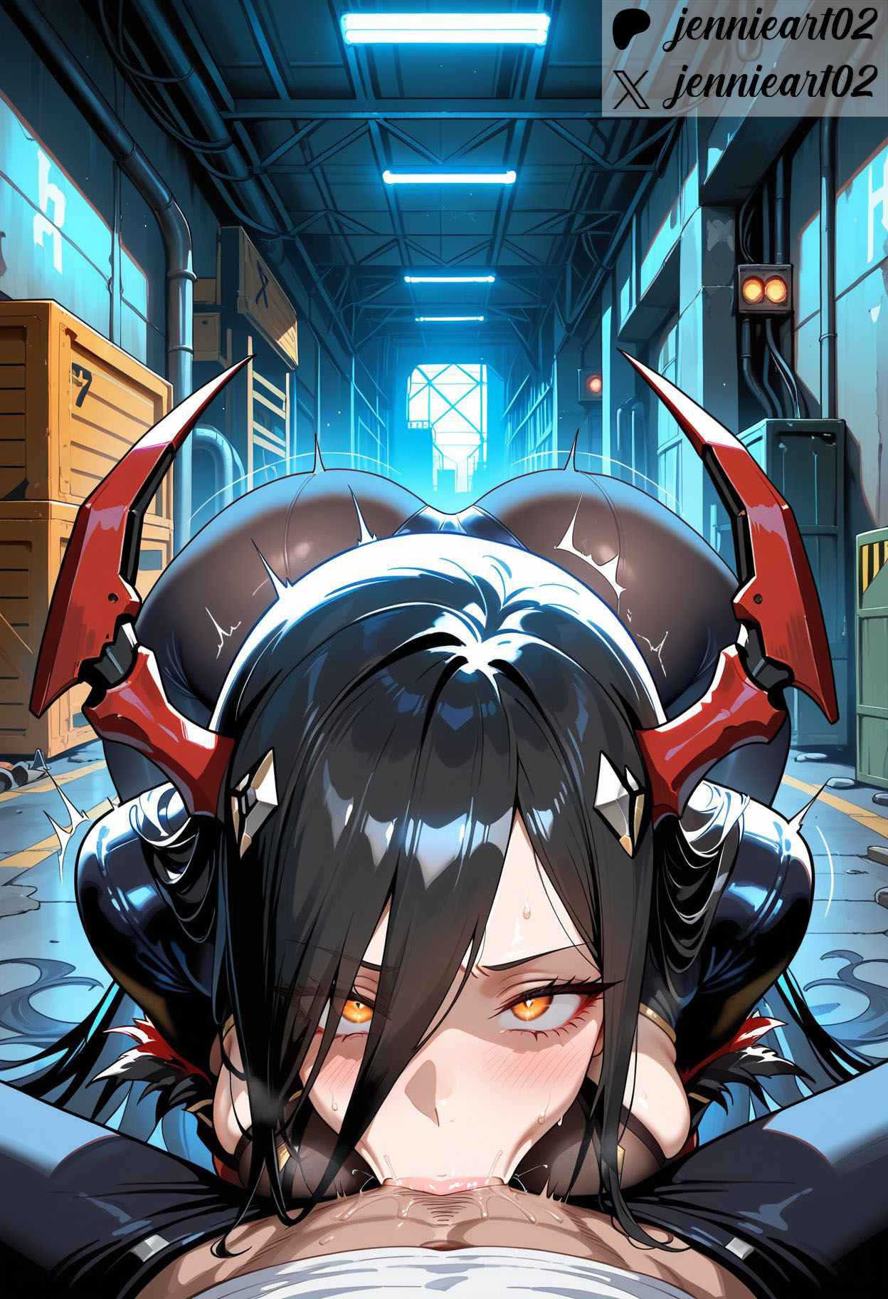 :>=, 1boy, ai generated, alley, ass, azur lane, bangs, black hair, black pants, blush, breasts, clothing, deepthroat, demon, demon girl, demon horns, eyes visible through hair, fellatio, female, friedrich der grosse (azur lane), gloves, hair between eyes, horns, indoors, jennieart02, large breasts, long hair, looking at viewer, male, nude, oral, patreon, patreon logo, patreon username, penis, pov crotch, red horns, sex, solo focus, straight, sweat, trembling, twitter, twitter username, watermark, yellow eyes