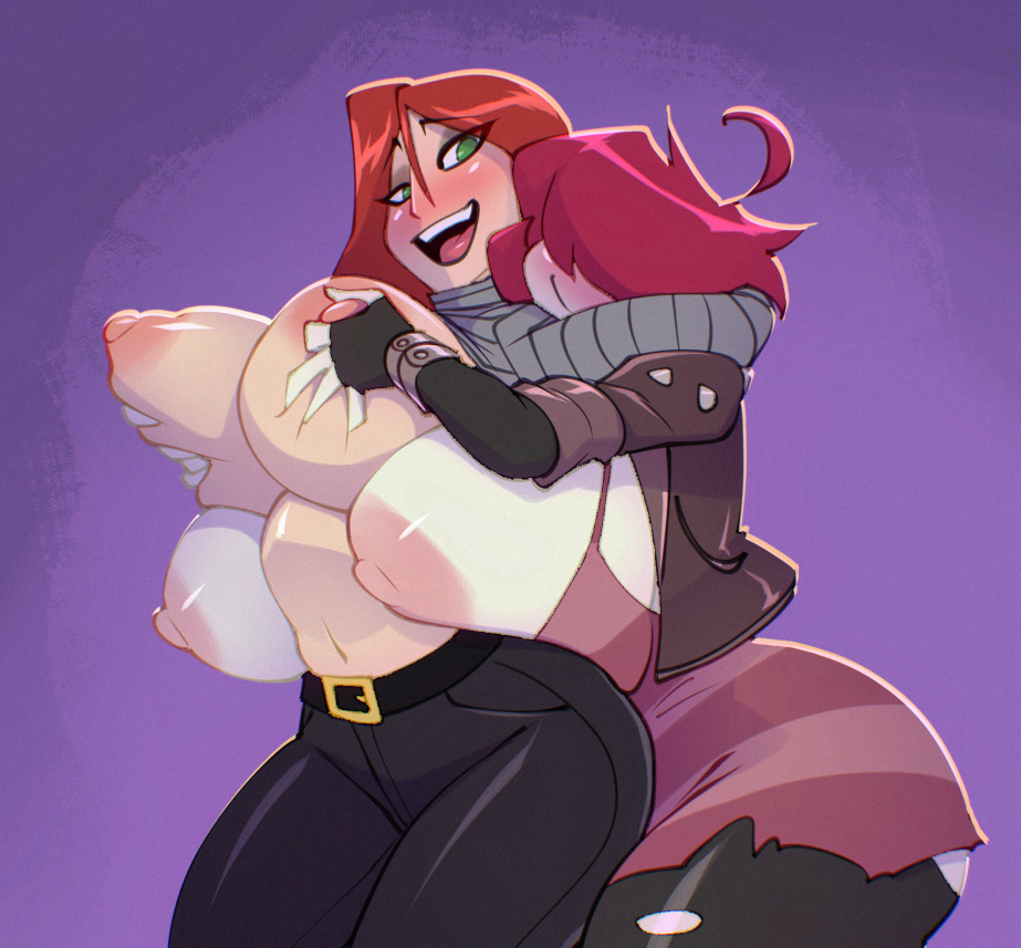 2girls, bare arms, bare breasts, bare shoulders, big breasts, bigdad, blush, breasts, breasts bigger than head, character request, color, female, female focus, female only, gaz membrane, grabbing breasts, green eyes, hand on breast, hi res, invader zim, large breasts, light skin, light-skinned female, massive breasts, nickelodeon, nipples, orange hair, purple hair, short hair, tagme, thicc gaz, thick thighs, yuri