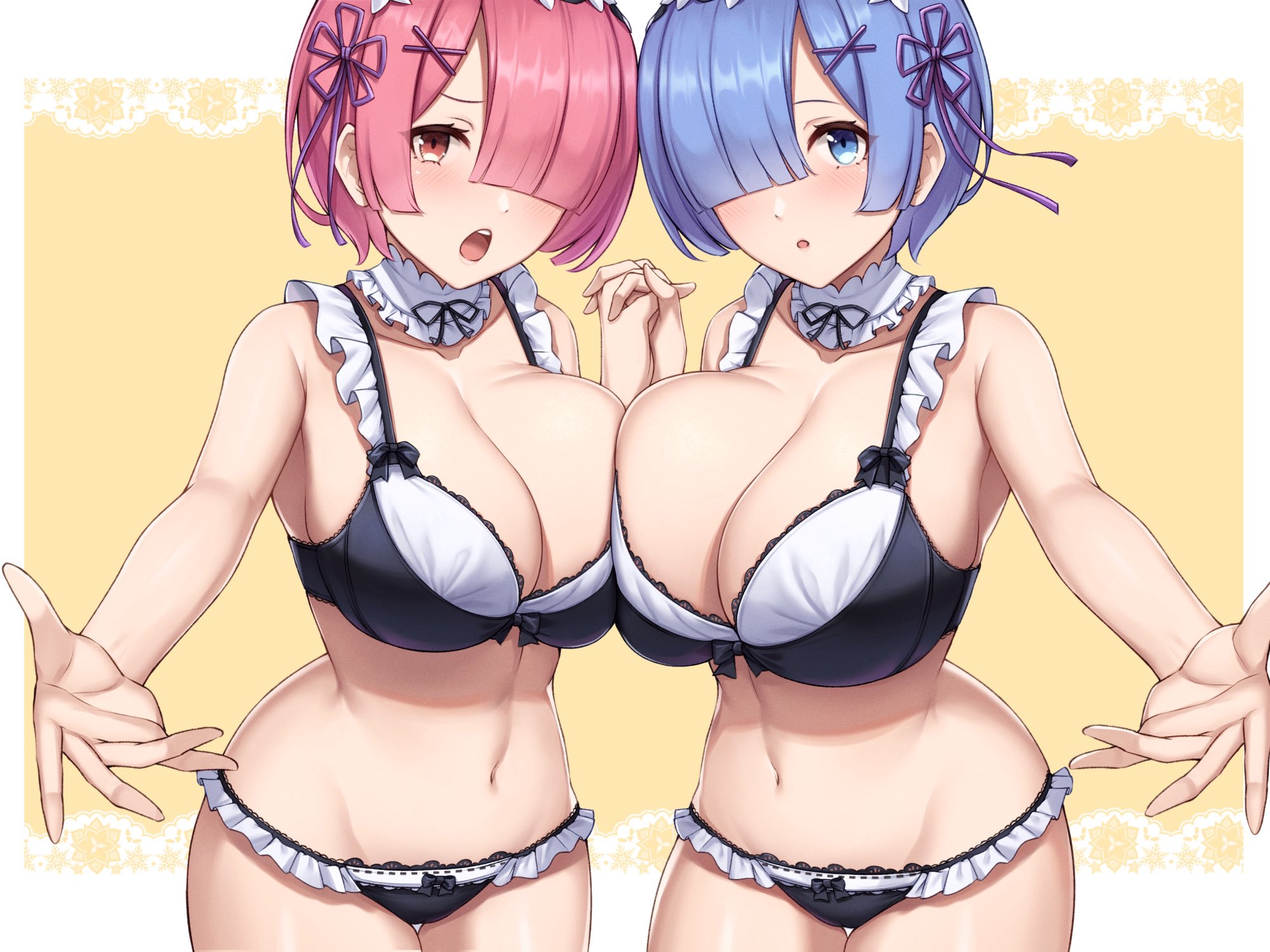 2girls, abs, absurd res, alternate breast size, bangs, bare shoulders, belly button, big breasts, blue eyes, blue hair, blush, breast press, breast squeeze, breast squish, breasts, cleavage, collarbone, female, female only, hair ornament, hair over one eye, hairclip, hi res, highres, hips, holding hands, huge breasts, human, lace-trimmed bra, lace-trimmed thighhighs, large breasts, looking at viewer, maid, maid bikini, midriff, mouth open, open mouth, paintcan, pink eyes, pink hair, pressing breasts together, ram (re:zero), re:zero kara hajimeru isekai seikatsu, rem (re:zero), short blue hair, short hair, short pink hair, shoulders, sisters, slim waist, small waist, thigh gap, thighs, tongue, waist, white background, wide hips, x hair ornament, yellow background