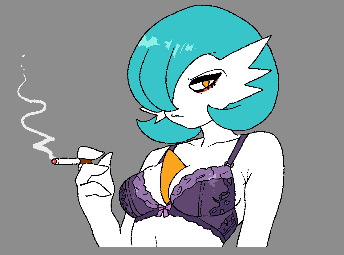 activeajames, beauty mark, beauty mark on breasts, breasts, cigarette, female, game freak, gardevoir, lingerie, natasha (activeajames), pokemon, pokemon (species), shiny gardevoir, tight bra
