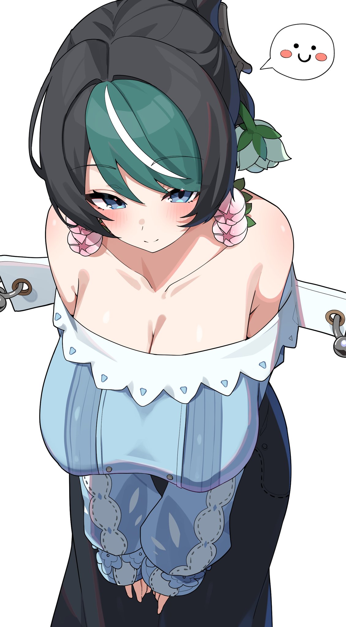 1girls, bare shoulders, big breasts, blue eyes, blush, breasts, busty, cleavage, female, female only, green hair, hoyoverse, huge breasts, large breasts, light skin, light-skinned female, mihoyo, milf, mostly clothed, multicolored hair, npc (zenless zone zero), orchidea (zenless zone zero), wak kun, zenless zone zero