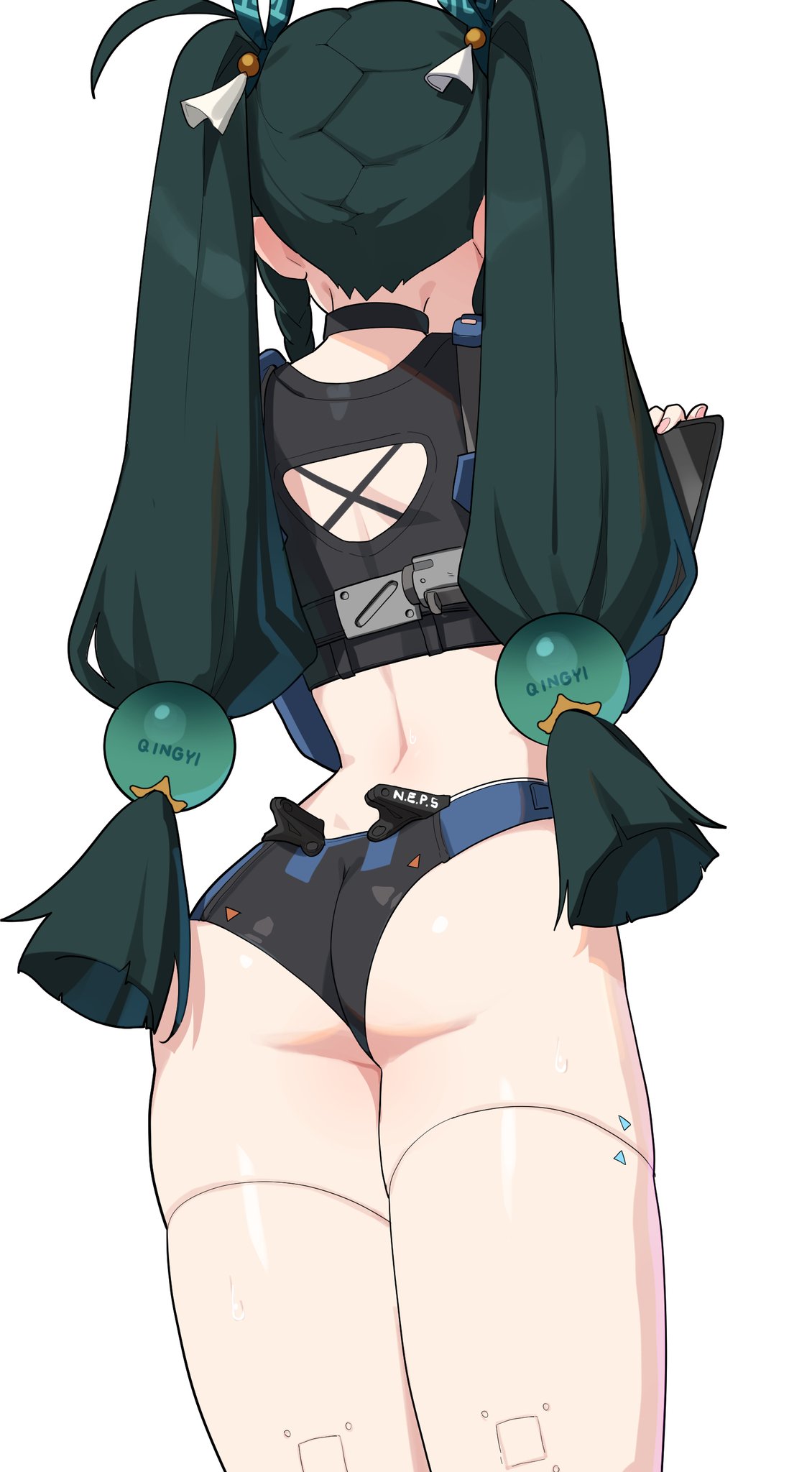 1girls, android, android girl, artist request, ass, back, back view, behind view, big ass, big butt, female, female only, green hair, hoyoverse, large ass, large butt, light skin, light-skinned female, mihoyo, qingyi (zenless zone zero), robot, robot girl, shorts, thick, thighs, twintails, zenless zone zero