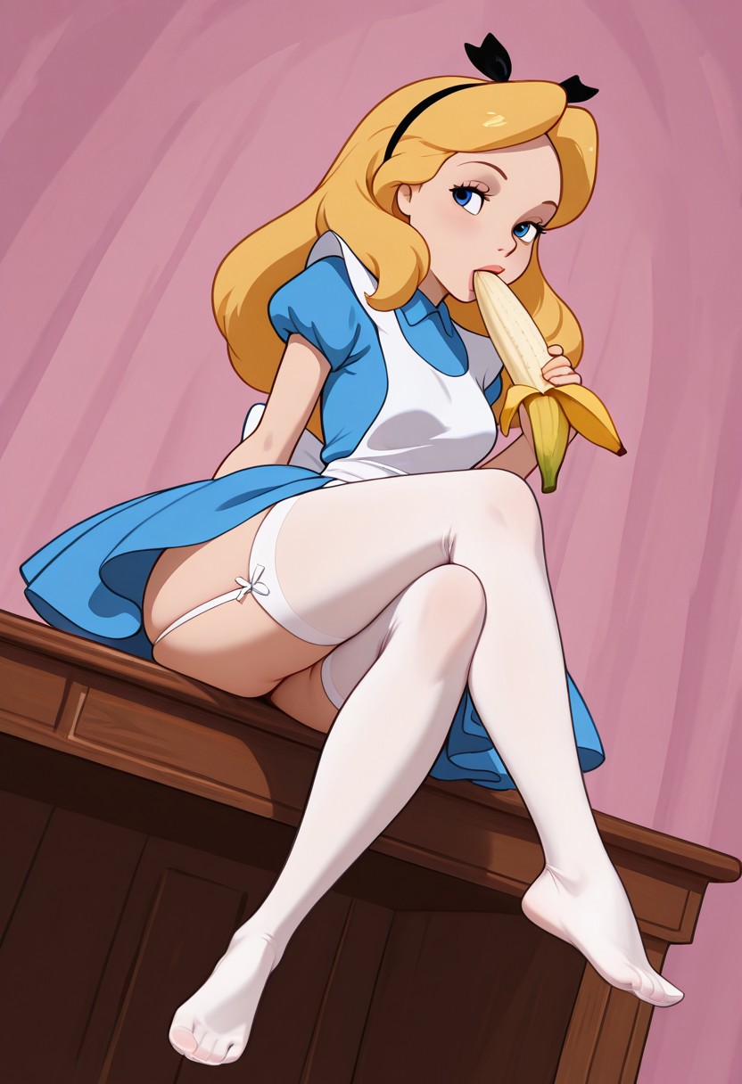 1girls, 2025, ai generated, alice (disney), alice in wonderland, alice in wonderland (1951 film), alice liddell, background, banana, blonde hair, blowjob, blue eyes, civitai, d3rmal, disney, enjoying, female, hairband, legs, legs crossed, licking, long hair, naughty, seductive, sitting, solo, table, tagme, thighhighs, vest, wall