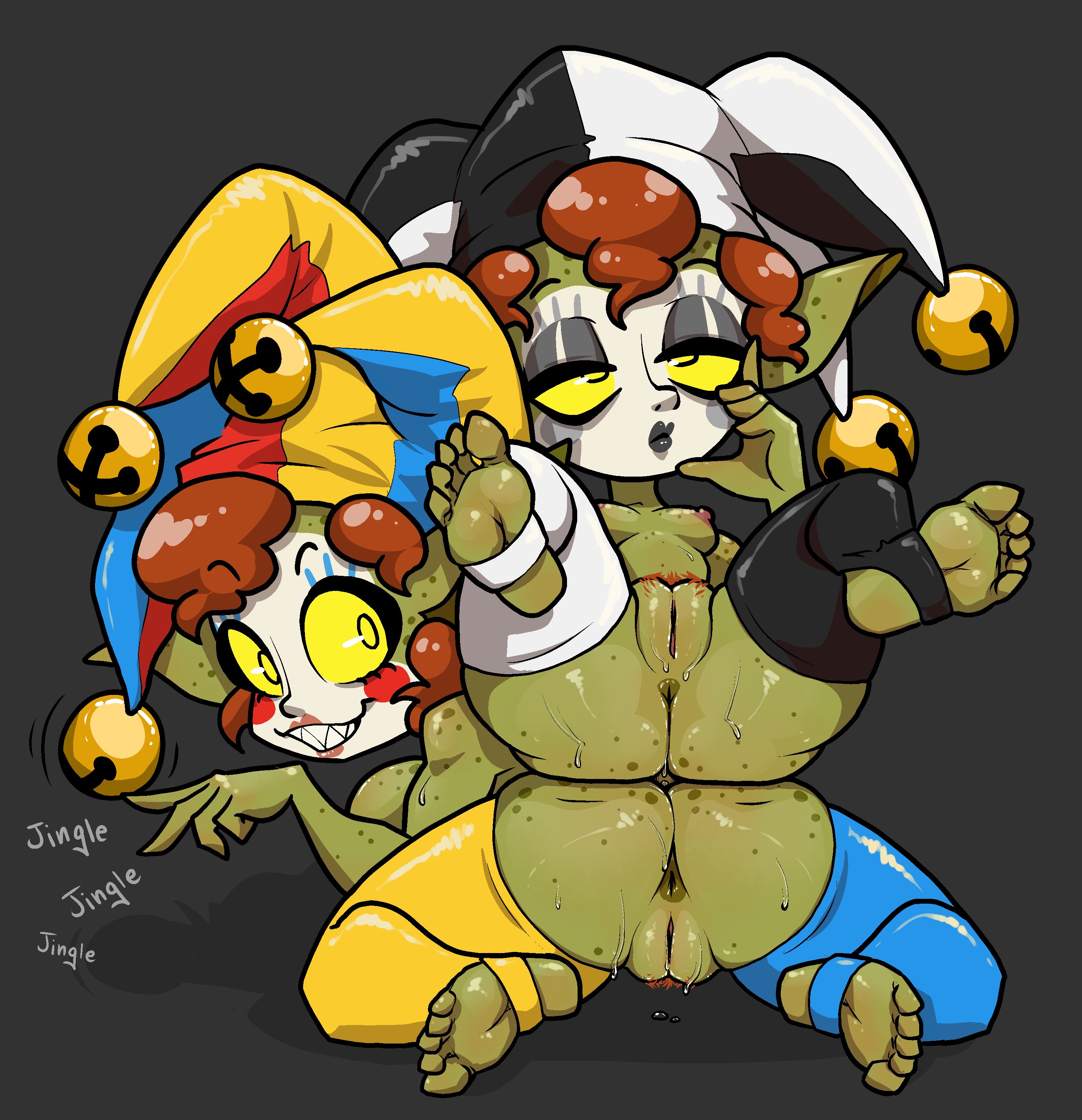 2girls, barefoot, bonnytoad, clown, clown girl, clown makeup, clussy, feet, female, goblin, goblin clown, goblin female, green skin, makeup, mime, mime girl, monster, monster girl, no bra, no humans, no panties, no underwear, pussy, shortstack, soles