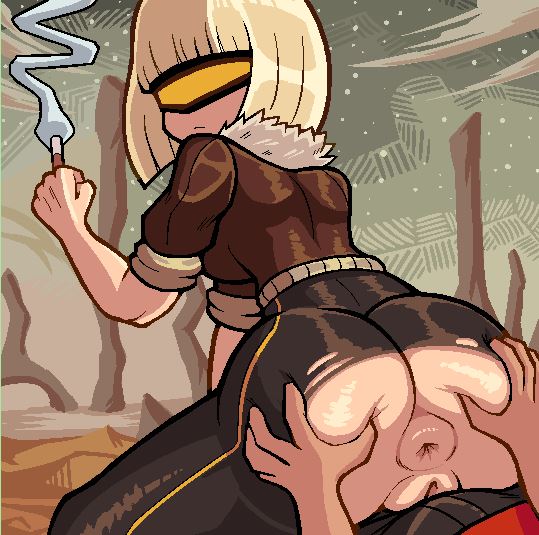 1boy, anal, anal invitation, anal suggest, anus, ass, ass grab, bangs, blonde hair, blunt bangs, blush, cyclops, deep skin, domino mask, female, from behind, imminent anal, looking at viewer, looking back, male, mask, penis, short hair, smile, solo focus, spread anus, spread ass, straight, sunglasses, torn clothes, valmar, yellow eyes