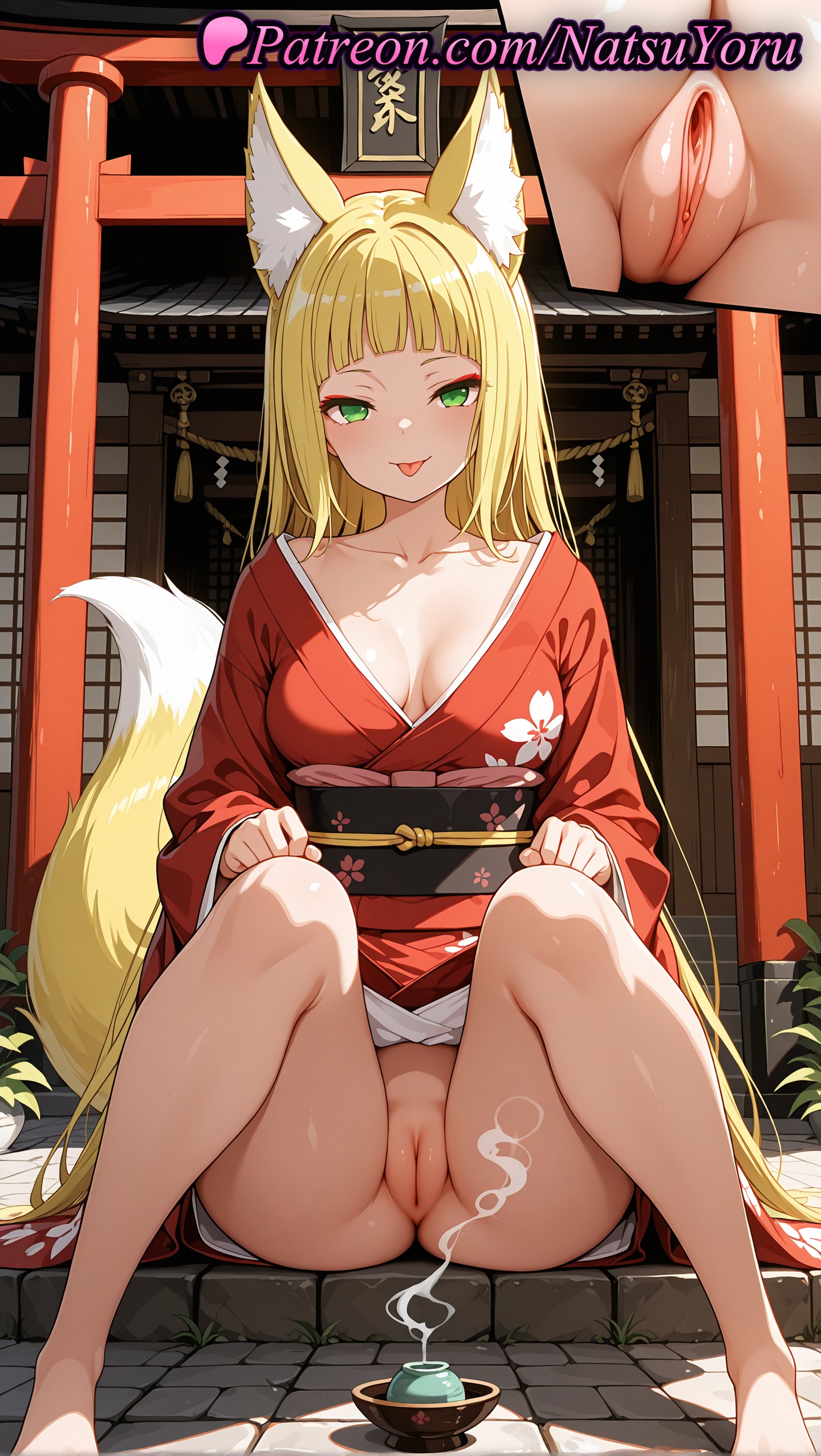 1girls, 2025, ai assisted, ai generated, animal ear fluff, animal ears, anime, anime style, architecture, bangs, barefoot, blonde hair, blunt bangs, breasts, dungeon ni deai wo motomeru no wa machigatteiru darou ka, east asian architecture, female, fox ears, fox girl, fox tail, green eyes, hi res, high quality, high resolution, highres, japanese clothes, kimono, kimono lift, long hair, looking at viewer, natsuyoru, no panties, obi, patreon, pussy, red kimono, sanjouno haruhime, sash, sitting, solo, stable diffusion, tail, tongue, tongue out, uncensored, vagina, voluptuous, voluptuous female, wafuku