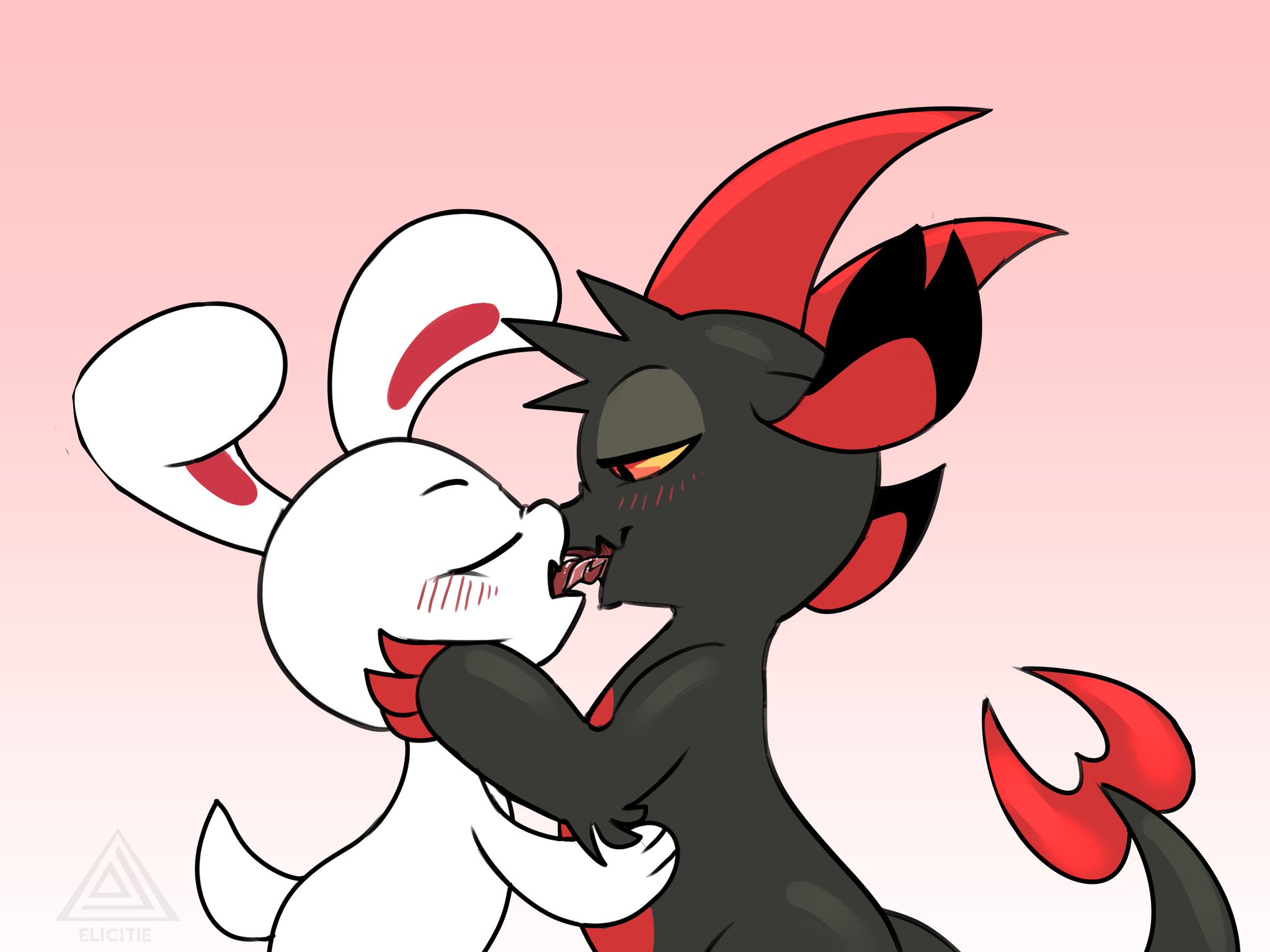 ambiguous sex, anthro, black body, blush, character request, chikn nuggit, claws, demon, dragon, elicitie, furry, fwench fwy (chikn nuggit), fwench fwy (evil form), holding face, horns, iscream (chikn nuggit), kissing, making out, rabbit, scalie, simple background
