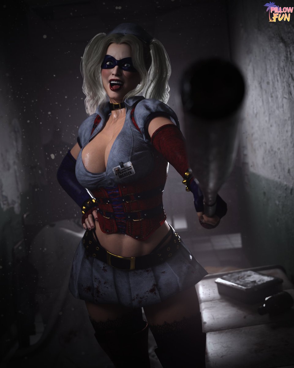 1girls, 3d, 3d (artwork), asylum, baseball bat, bat, bat (object), batman (series), batman: arkham asylum, blonde hair, breasts, cleavage, dc, dc comics, dimly lit, female, harley quinn, harley quinn (arkham asylum), harley quinn (arkham), large breasts, looking at viewer, midriff, nurse, nurse cap, nurse uniform, pillowfun, pointing at viewer, pose, pov, render, short skirt, solo, solo female, standing, twintails, watermark