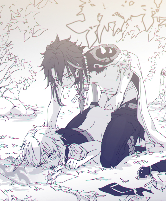 2boys, aether (genshin impact), artist request, genshin impact, male, male focus, male only, outside, woods, xiao (genshin impact), yaoi