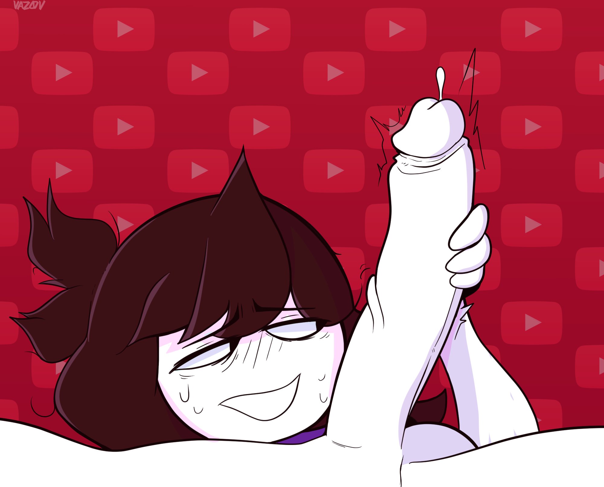 1boy, 1girls, after handjob, anon, background, balls, big penis, blush, brown hair, cum, cumshot, female, handjob, jaiden, jaiden animations, male, nervous, penis, pov, purple shirt, signature, sweating, testicles, vaz0v, veiny penis, white skin, youtube