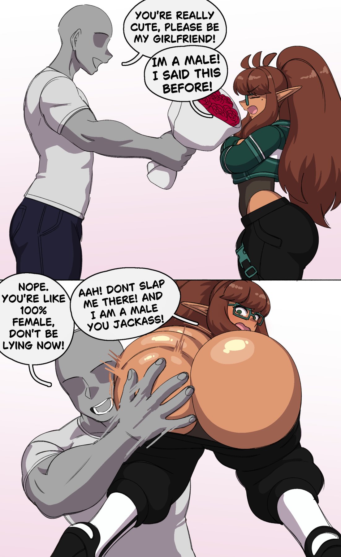 1femboy, 2boys, ass, ass ripple, ass slap, big ass, big ass (male), big butt, black pants, blush, dheartdoodles, doughy ass, dynamo-x, elf, fat ass, femboy, gay, glasses, long hair, male, male only, picking up, rose (flower), slapping ass, slapping butt, sweater, trap