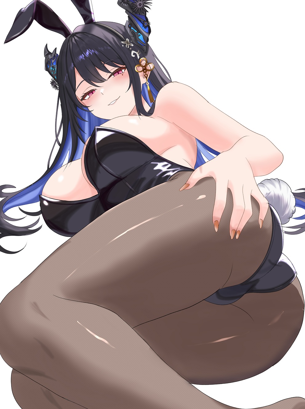 alternate costume, animal ear hairband, animal ears, ass, black hair, black leotard, breasts, demon horns, fake animal ears, female, hair ornament, hairband, hand on own ass, highres, hololive, hololive english, hololive english -advent-, horns, large breasts, leotard, lying, mole, mole under eye, nerissa ravencroft, on side, pantyhose, parted lips, playboy bunny, rabbit ear hairband, rabbit ears, rabbit tail, red eyes, rijeka1918, simple background, slit pupils, solo, tail, tassel, tassel hair ornament, virtual youtuber, white background