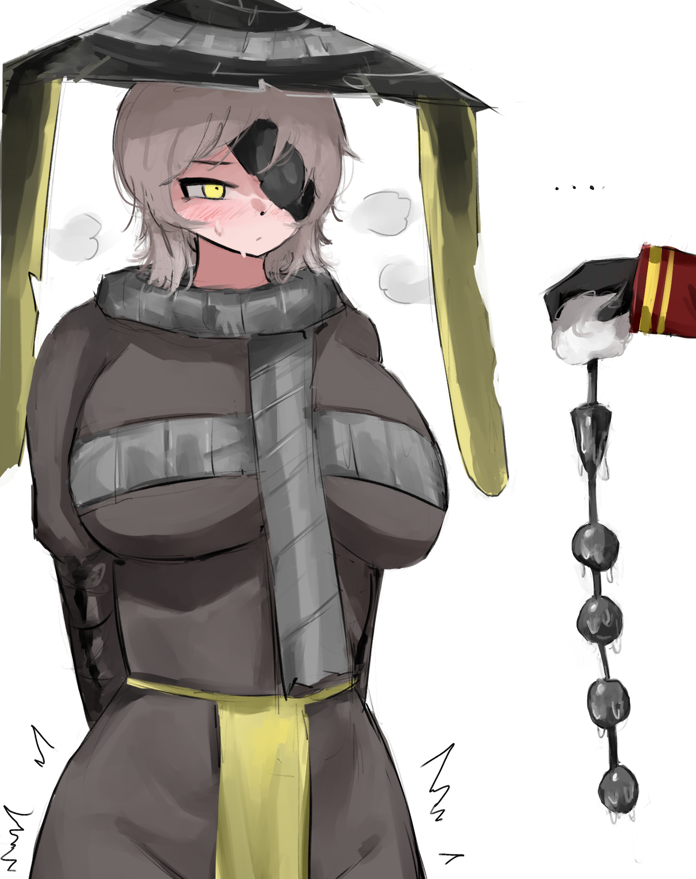 ambiguous gender, anal beads, bamboo hat, bunny tail, cone hat, dante (limbus company), eye patch, fake tail, faust (limbus company), heishou pack-mao branch (identity) (project moon), limbus company, one eye covered, project moon, scarf, steam, tagme, white hair, www1 (artist), yellow eyes